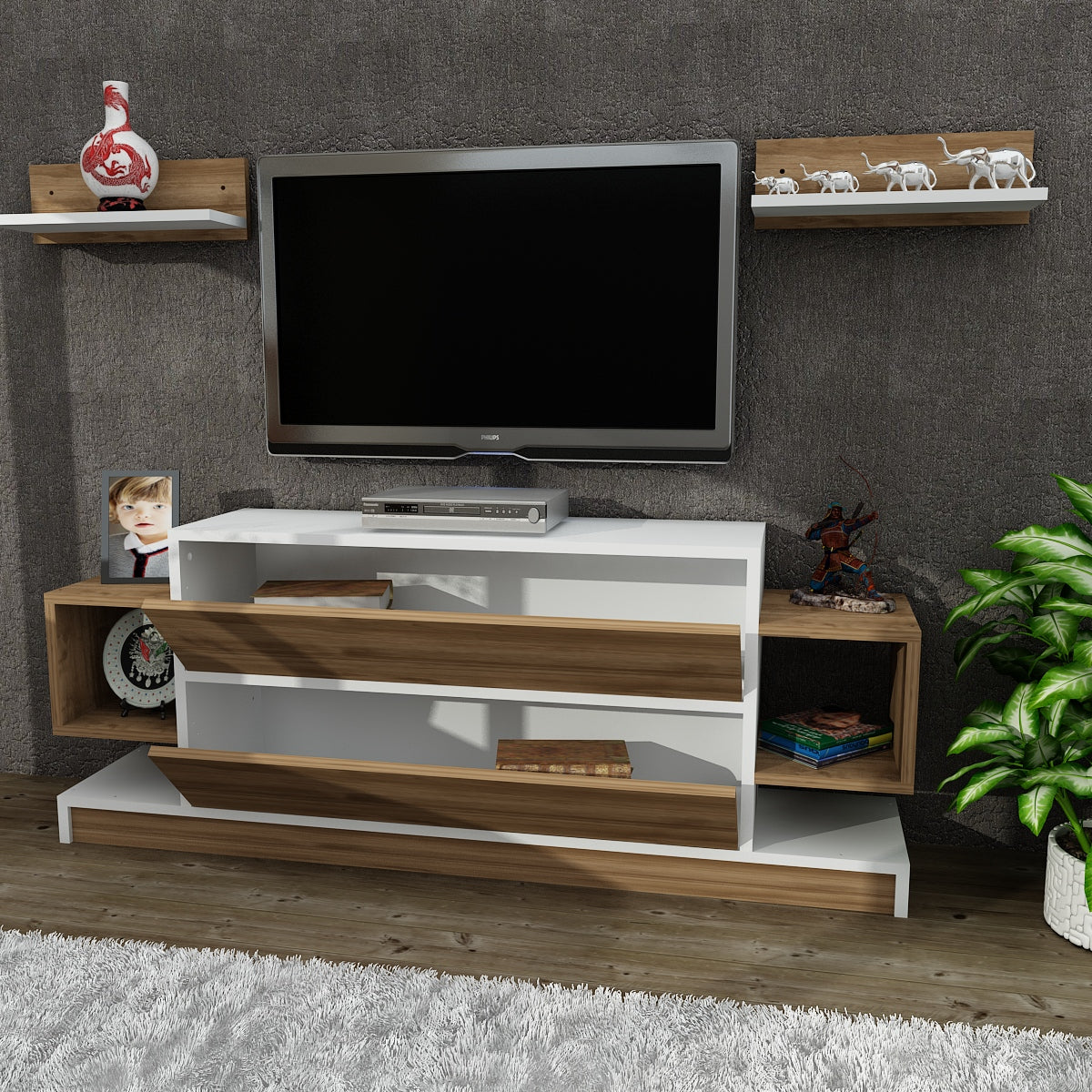 Wohnwand Magic Weiß Walnuss