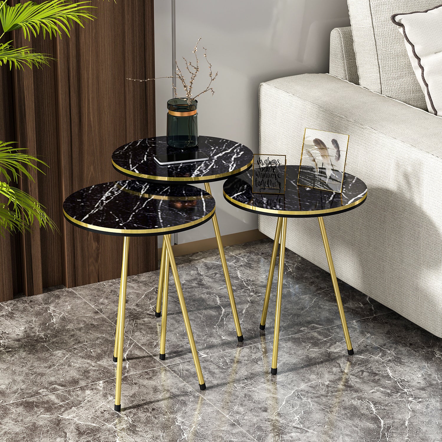 Beistelltisch 3 er Set Marmoroptik Schwarz 21716146