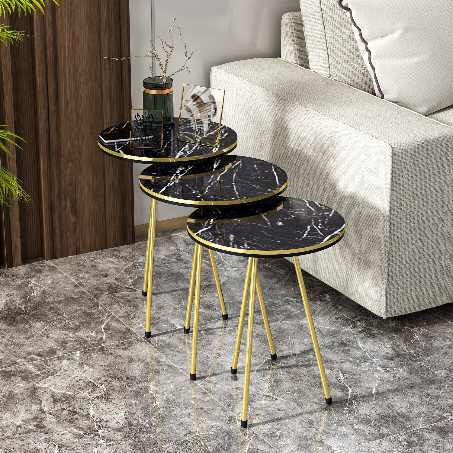Beistelltisch 3 er Set Marmoroptik Schwarz 21716146