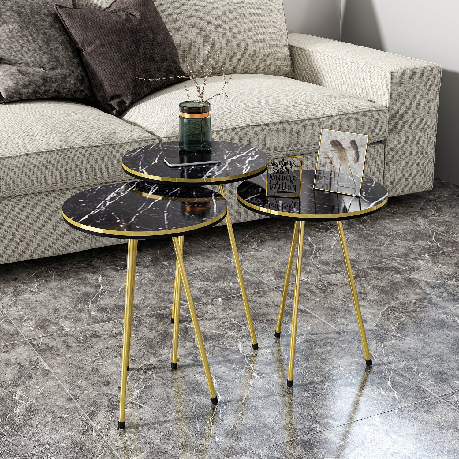 Beistelltisch 3 er Set Marmoroptik Schwarz 21716146