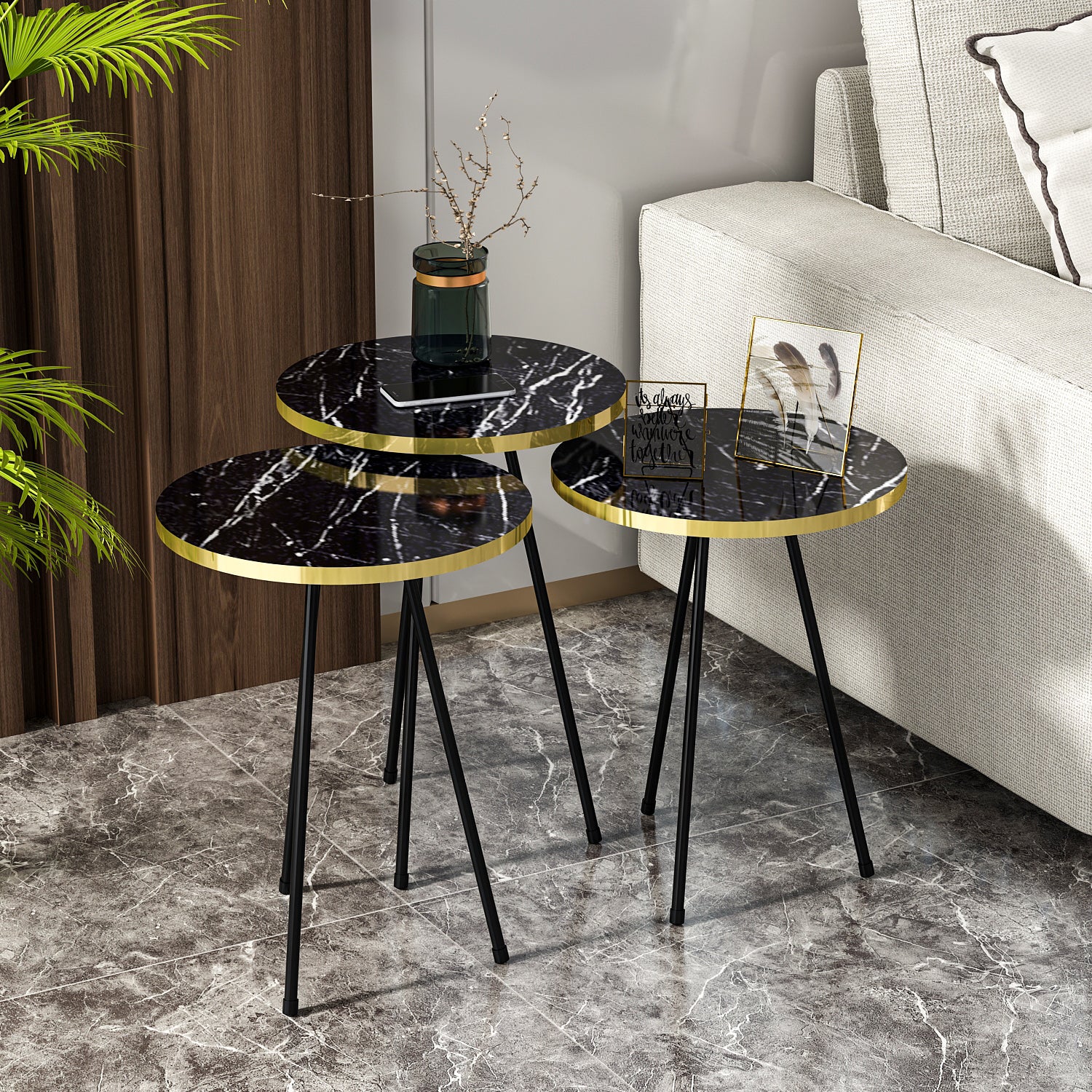 Beistelltisch 3 er Set Marmoroptik Schwarz 21776160