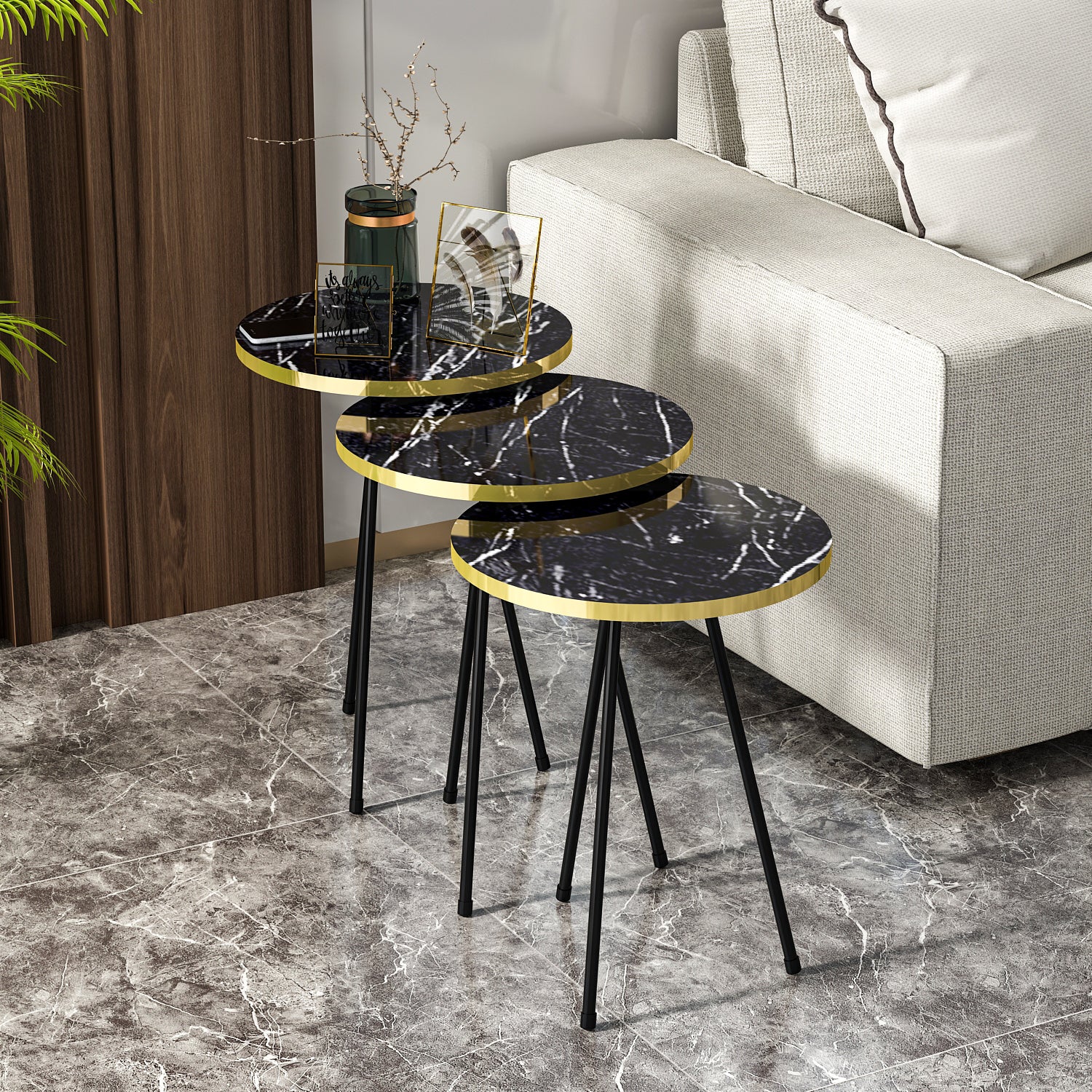 Beistelltisch 3 er Set Marmoroptik Schwarz 21776160