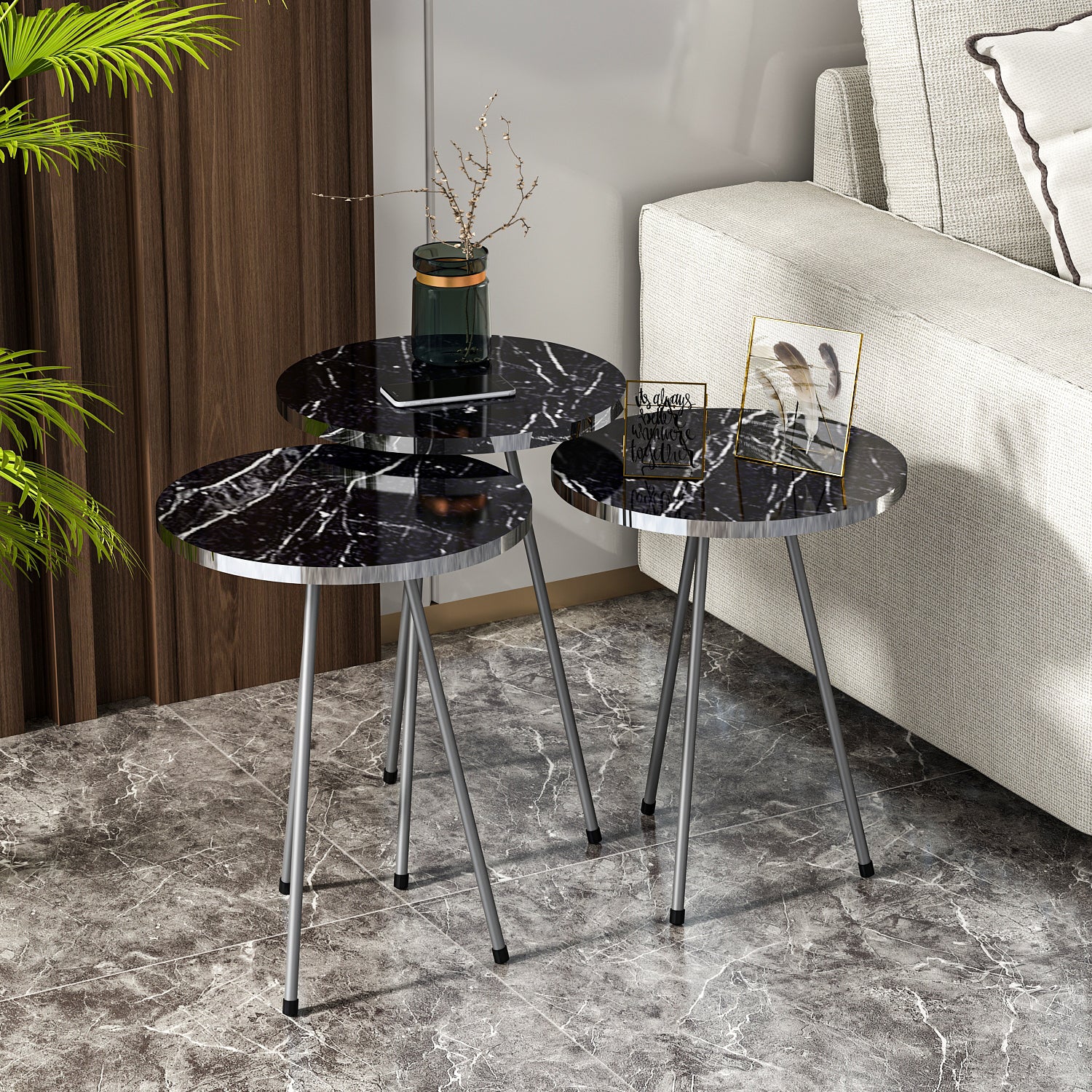 Beistelltisch 3 er Set Marmoroptik Schwarz 21796177