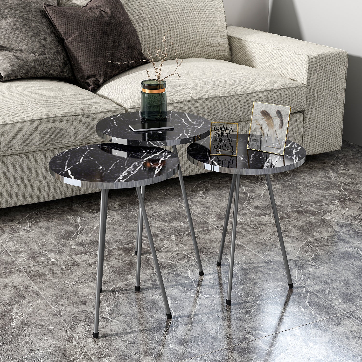 Beistelltisch 3 er Set Marmoroptik Schwarz 21796177