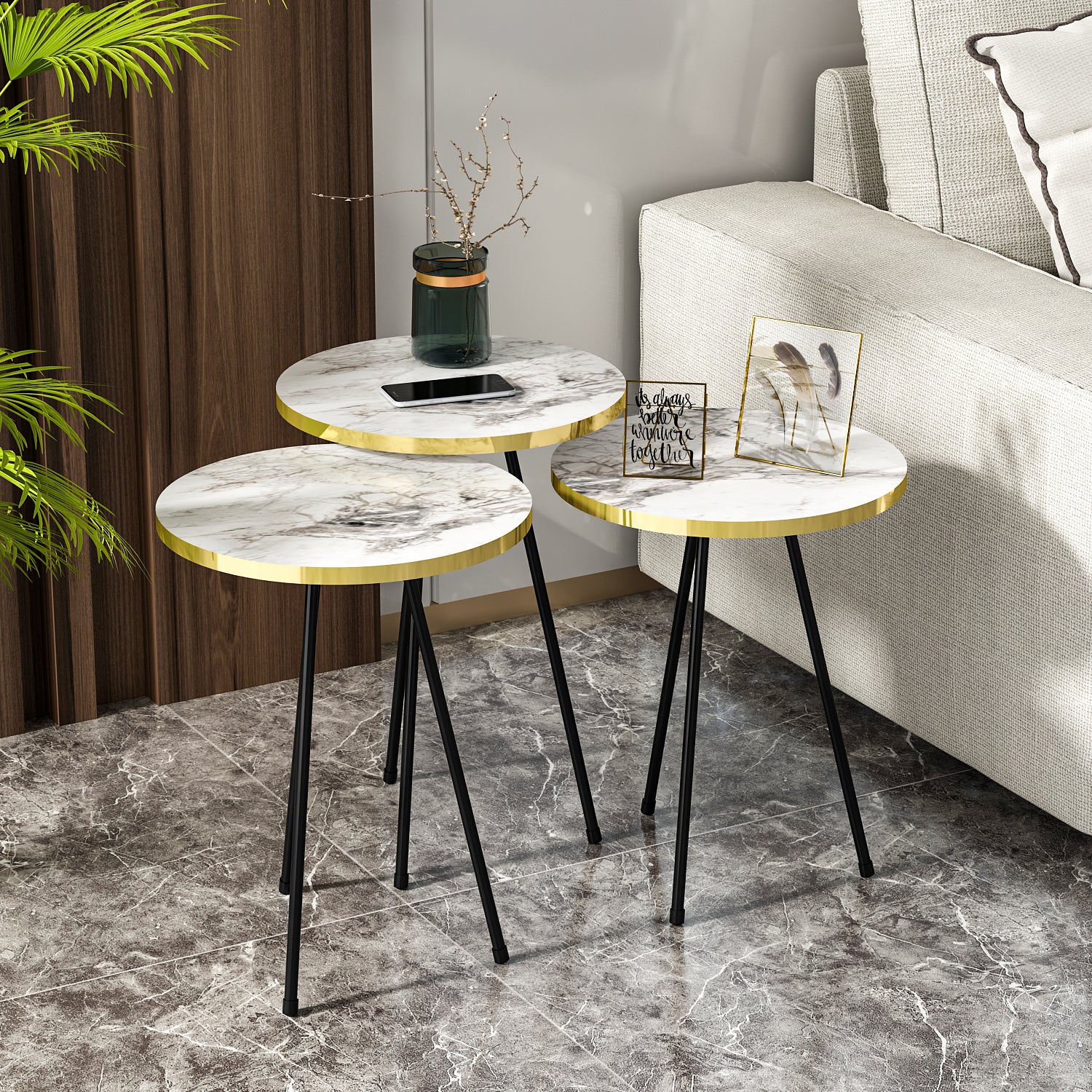 Beistelltisch 3 er Set Marmoroptik Weiß 21786245