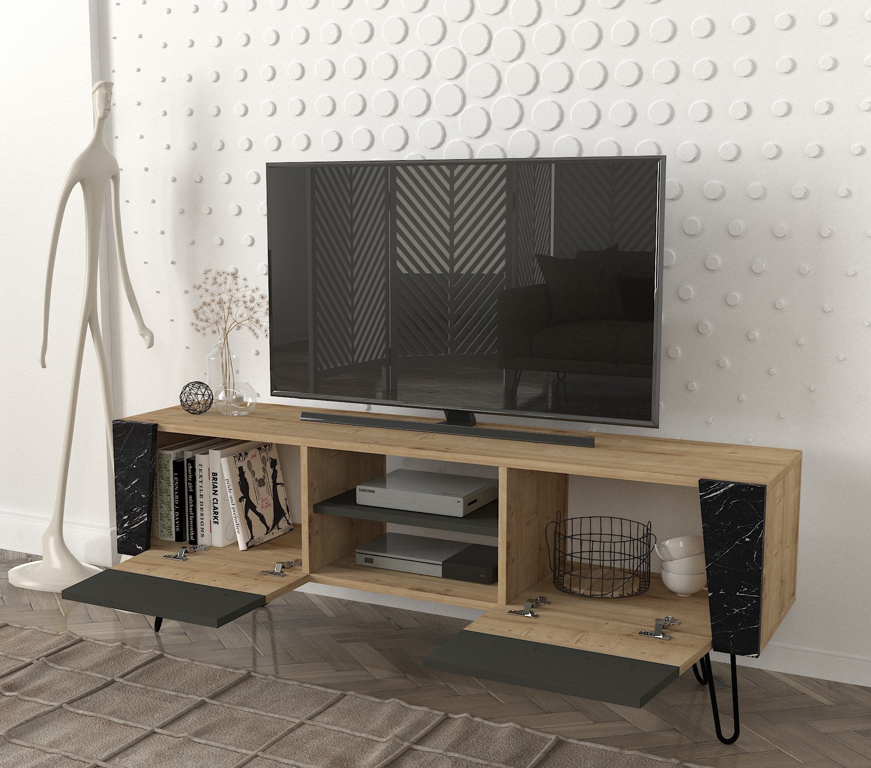 TV Lowboard Fanten mit Metallfüße Safir Marmor Anthrazit