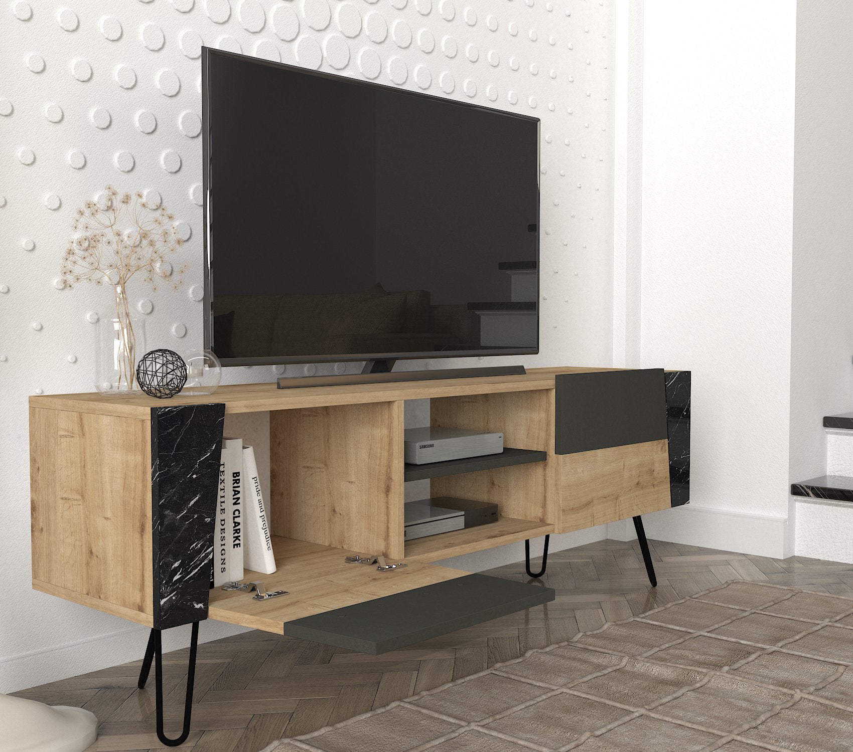 TV Lowboard Fanten mit Metallfüße Safir Marmor Anthrazit