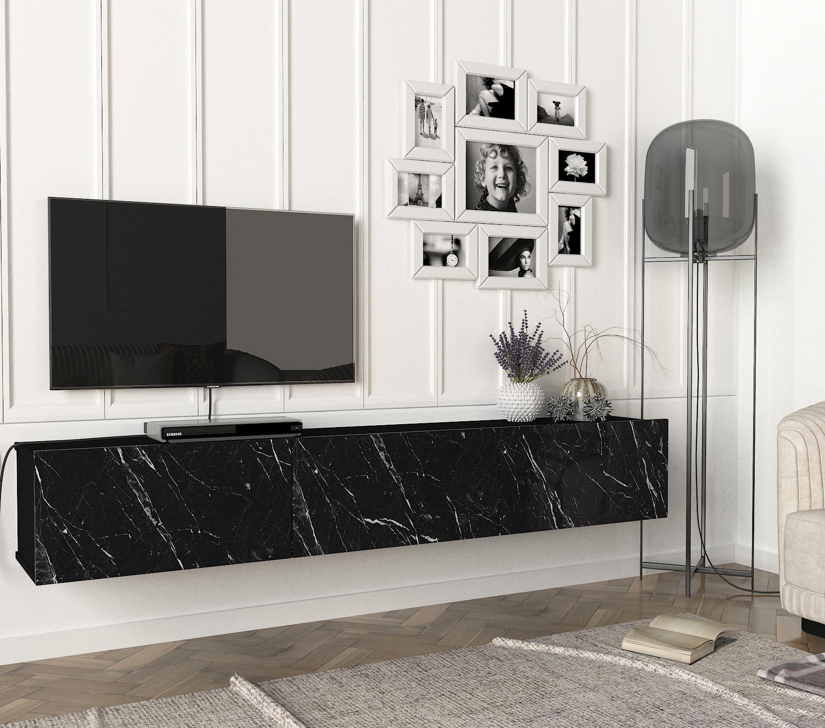 TV Lowboard Hängend Damla Schwarz Marmoroptik 180 cm