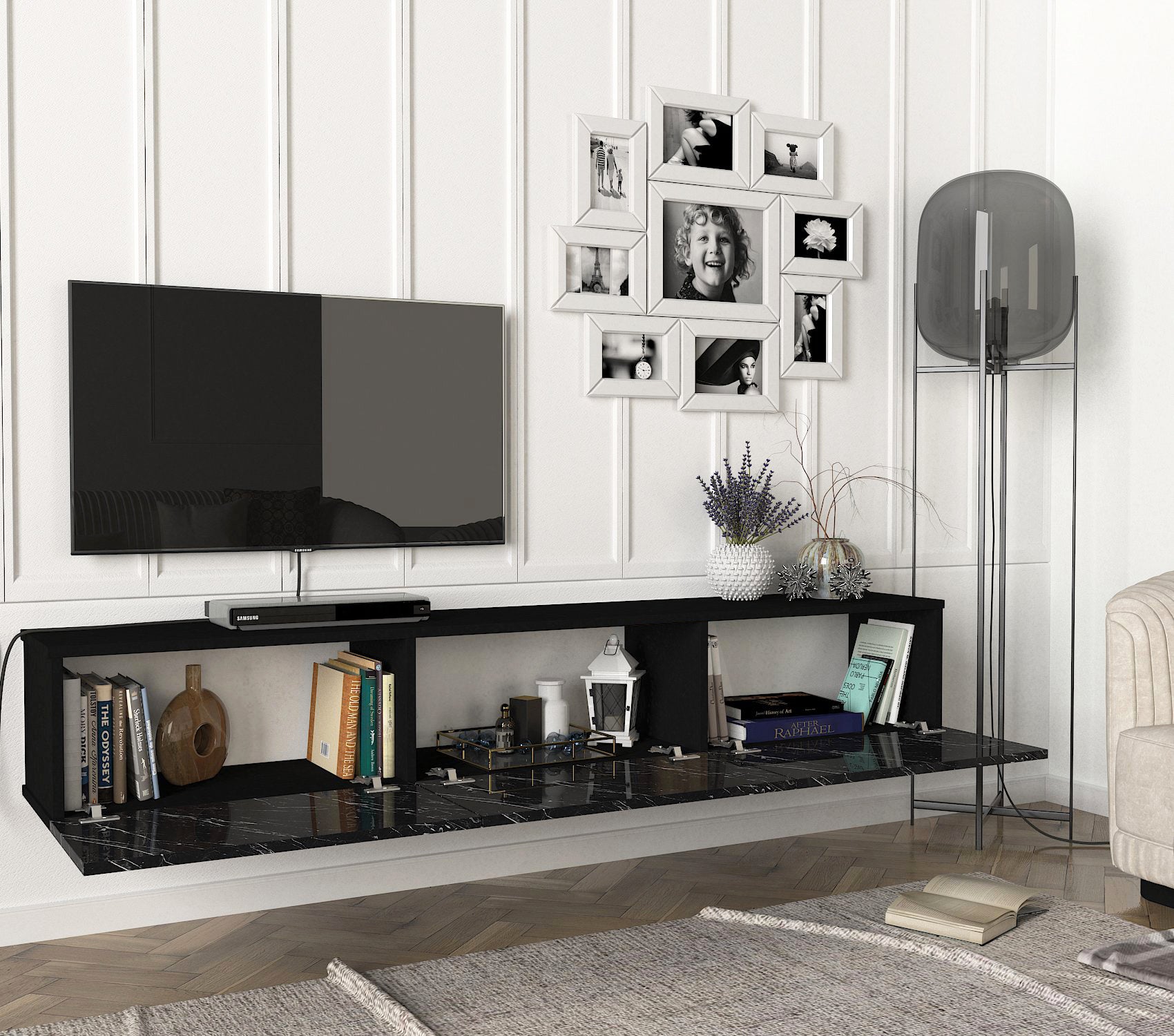 TV Lowboard Hängend Damla Schwarz Marmoroptik 180 cm