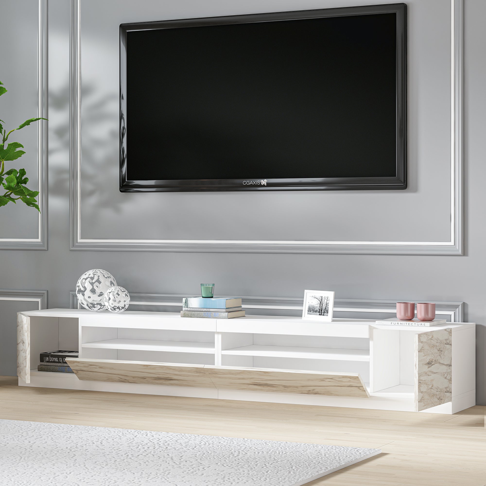 TV-Möbel mit LED-Beleuchtung Weiß Marmor Optik 240 cm