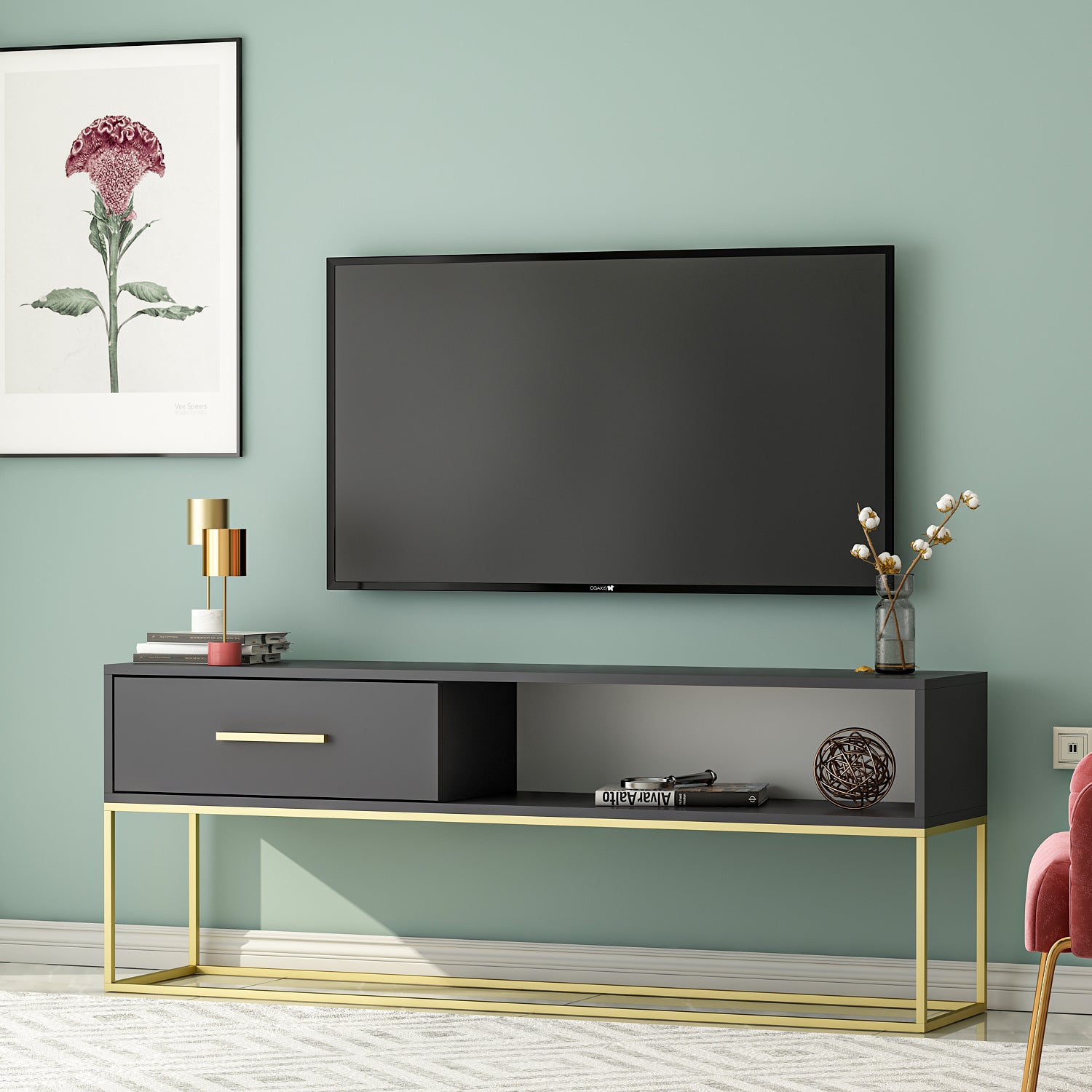 TV Lowboard Mira Anthrazit mit Metall Füße 9222