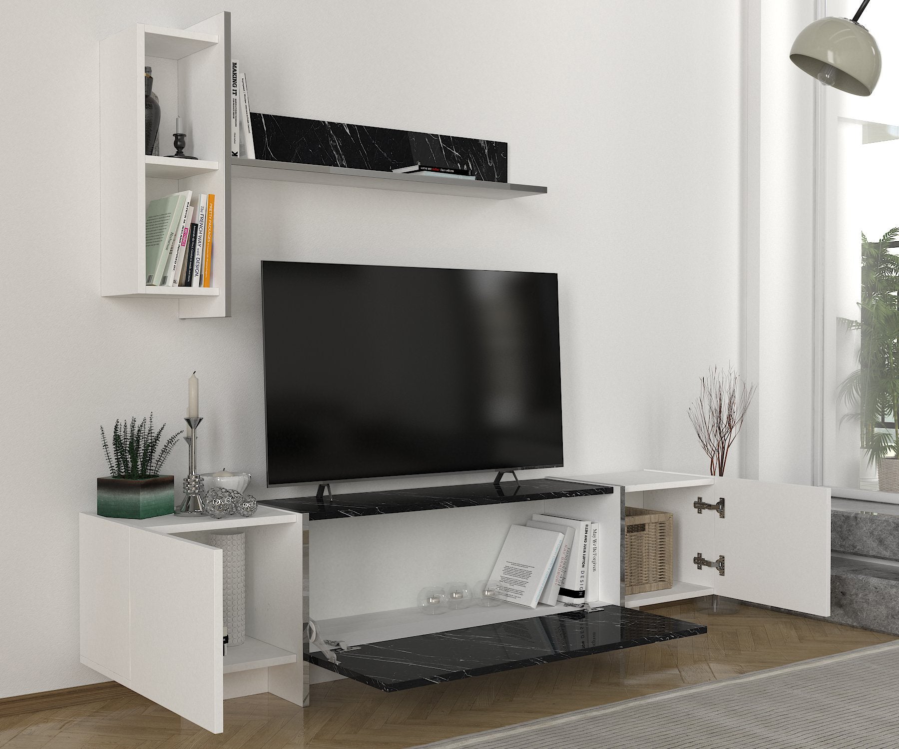 Wohnwand Veyron Weiß Schwarz Marmor Optik
