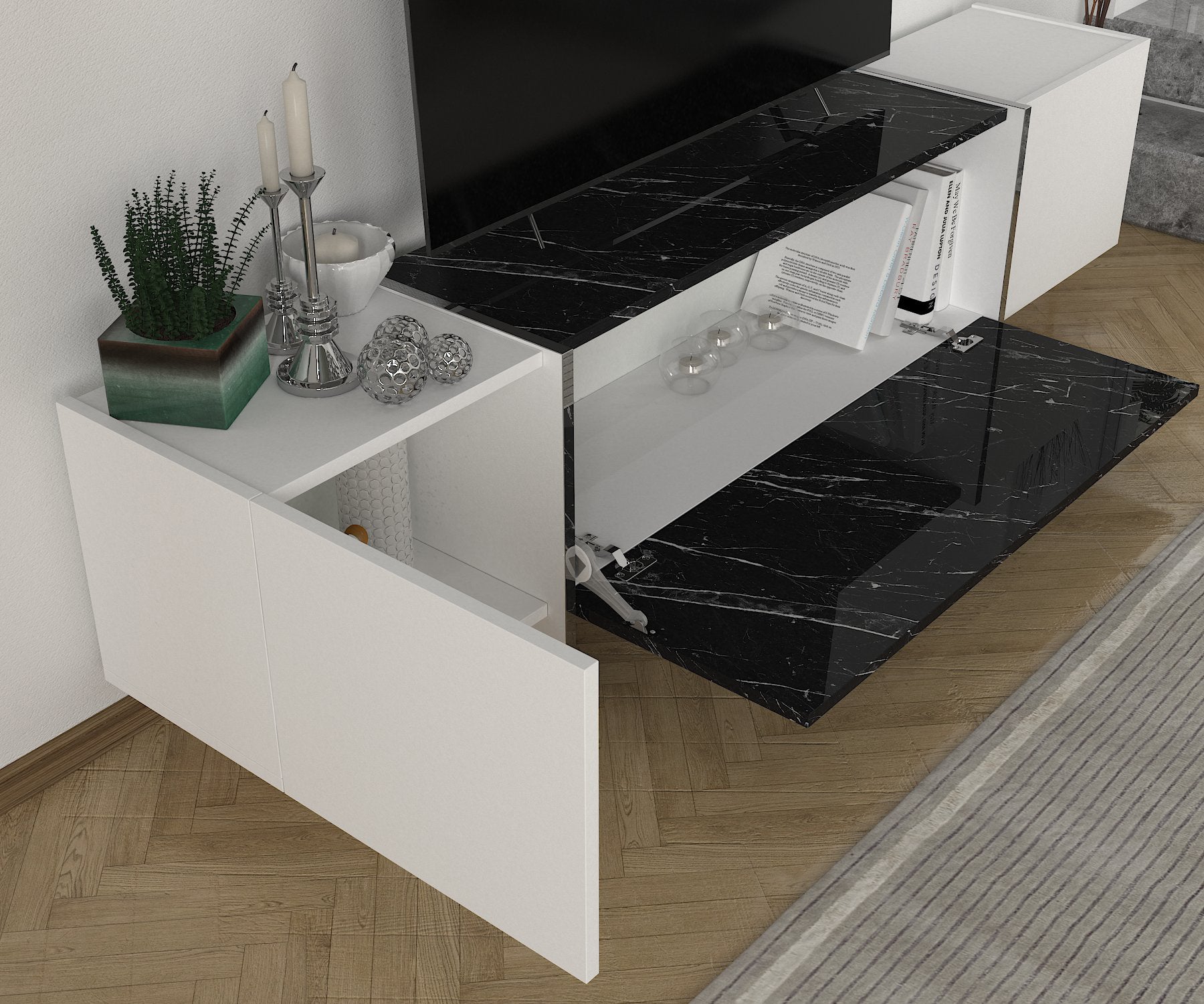 Wohnwand Veyron Weiß Schwarz Marmor Optik