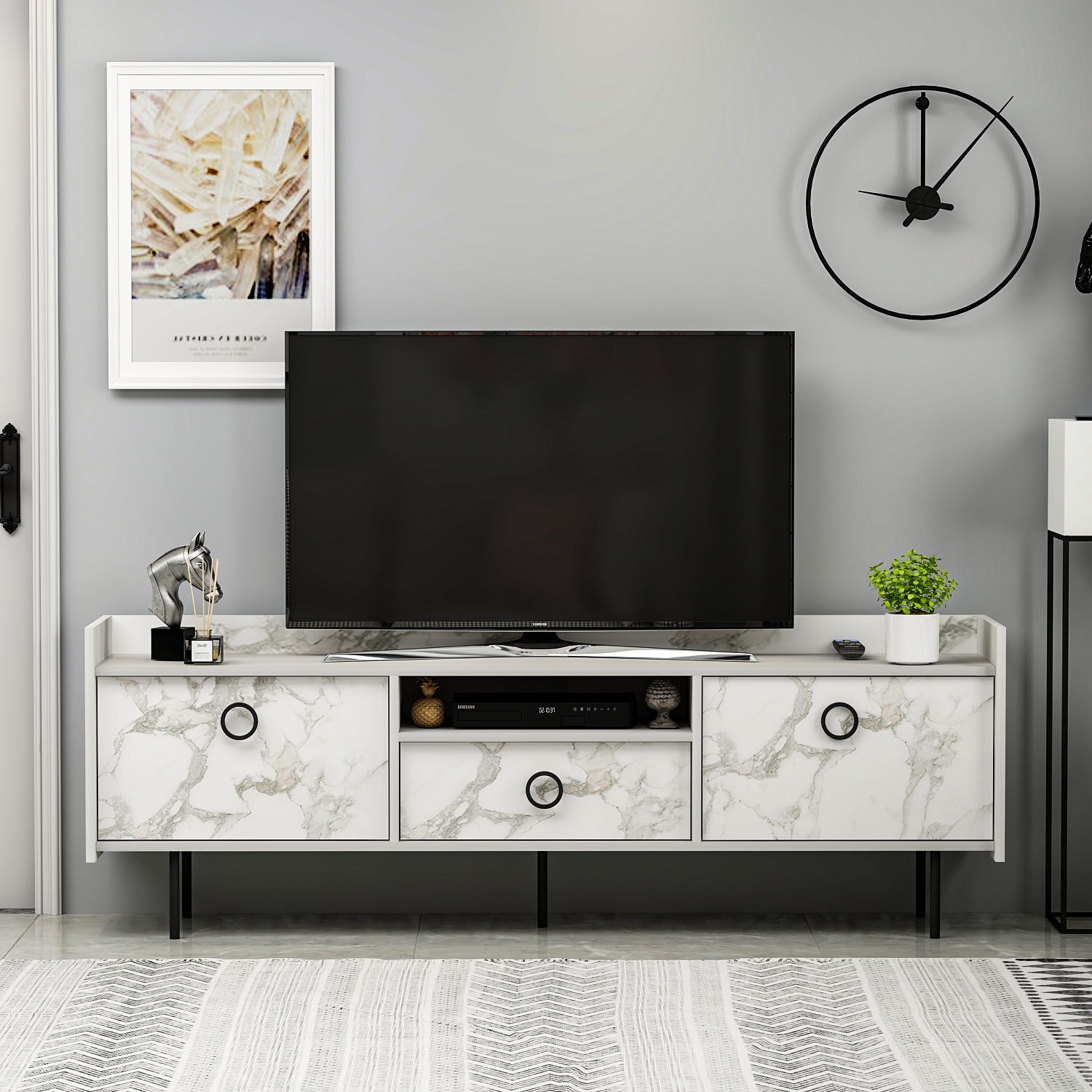 TV Lowboard Büsra Weiß Holz und Marmor Optik 3 türig 9208