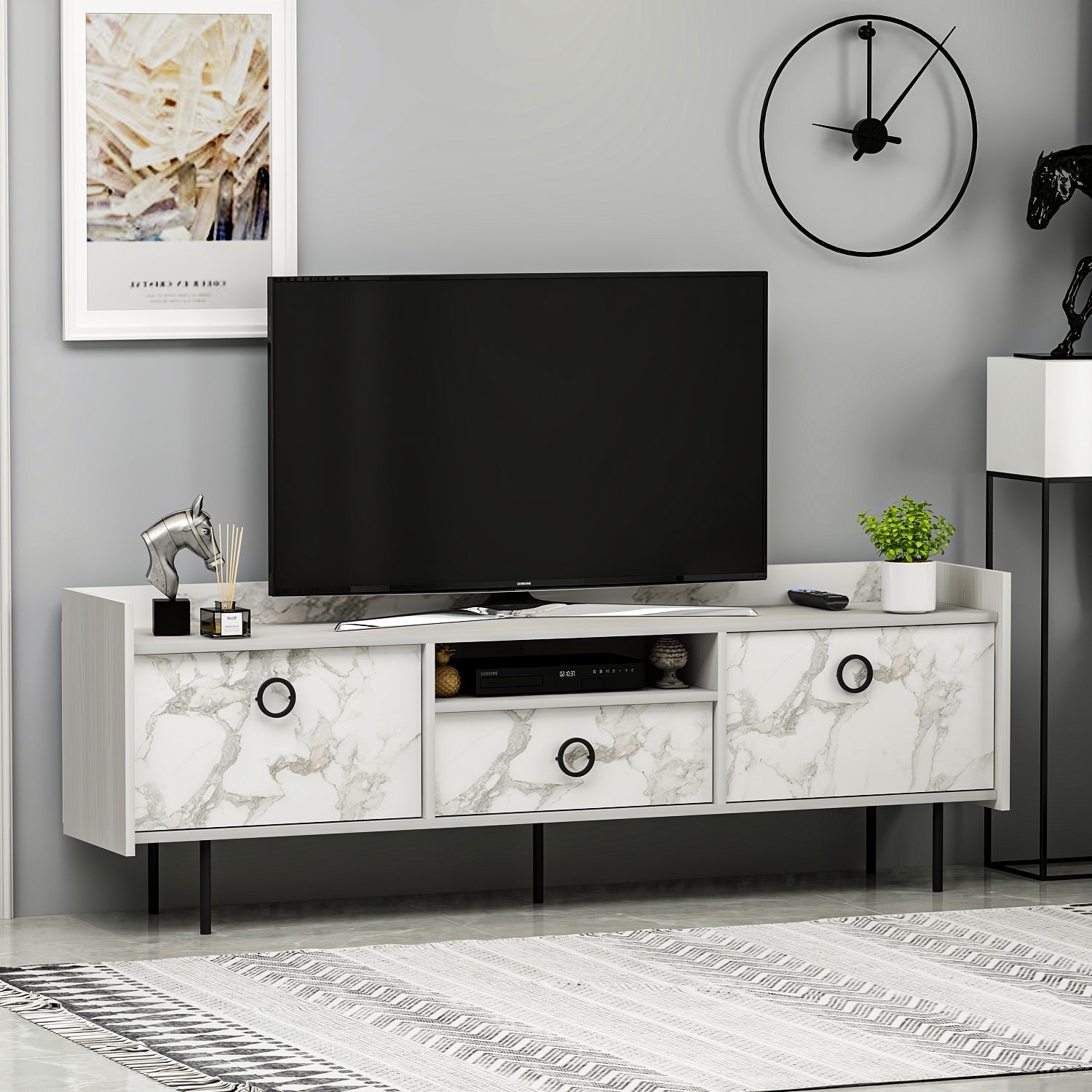 TV Lowboard Büsra Weiß Holz und Marmor Optik 3 türig 9208