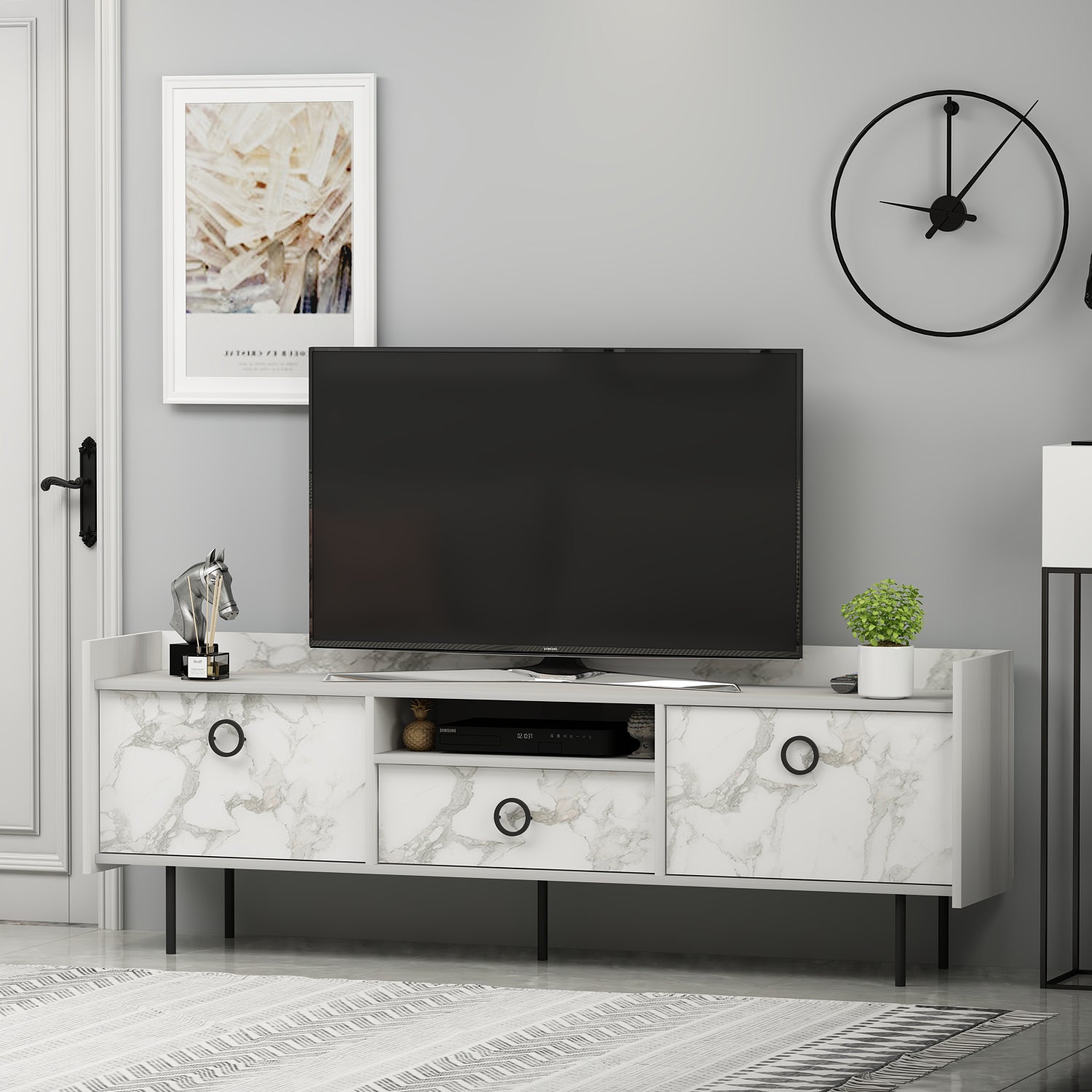 TV Lowboard Büsra Weiß Holz und Marmor Optik 3 türig 9208