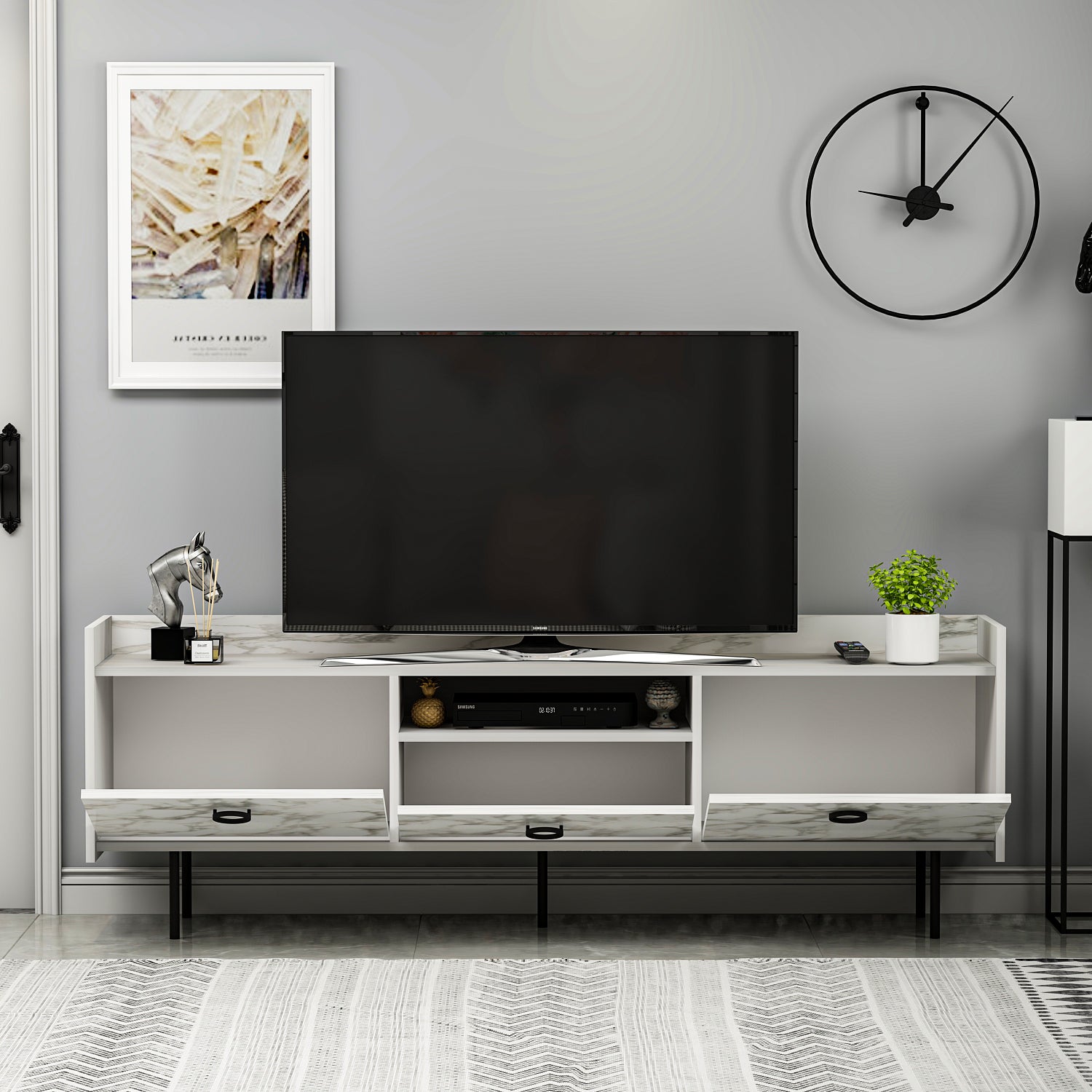 TV Lowboard Büsra Weiß Holz und Marmor Optik 3 türig 9208