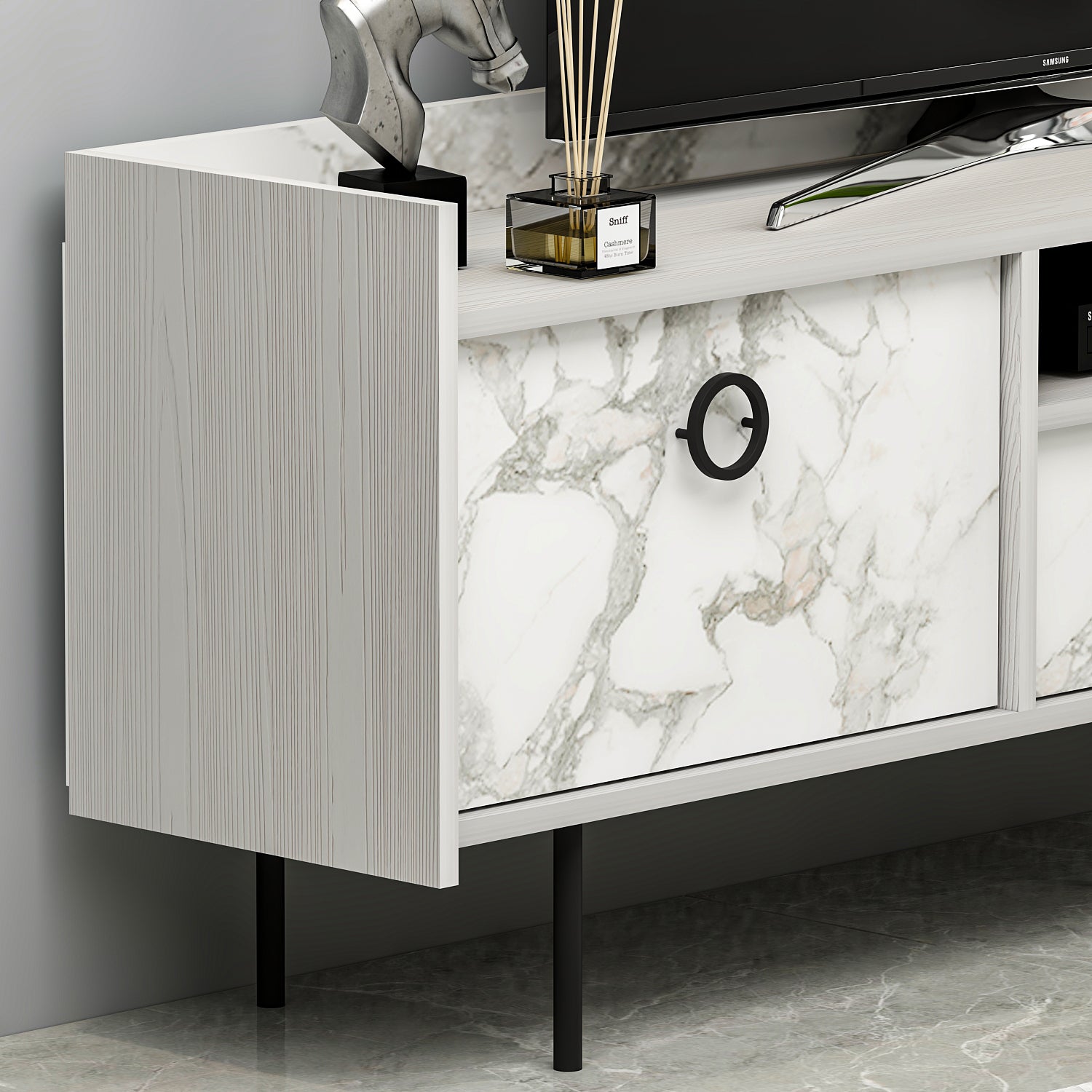 TV Lowboard Büsra Weiß Holz und Marmor Optik 3 türig 9208