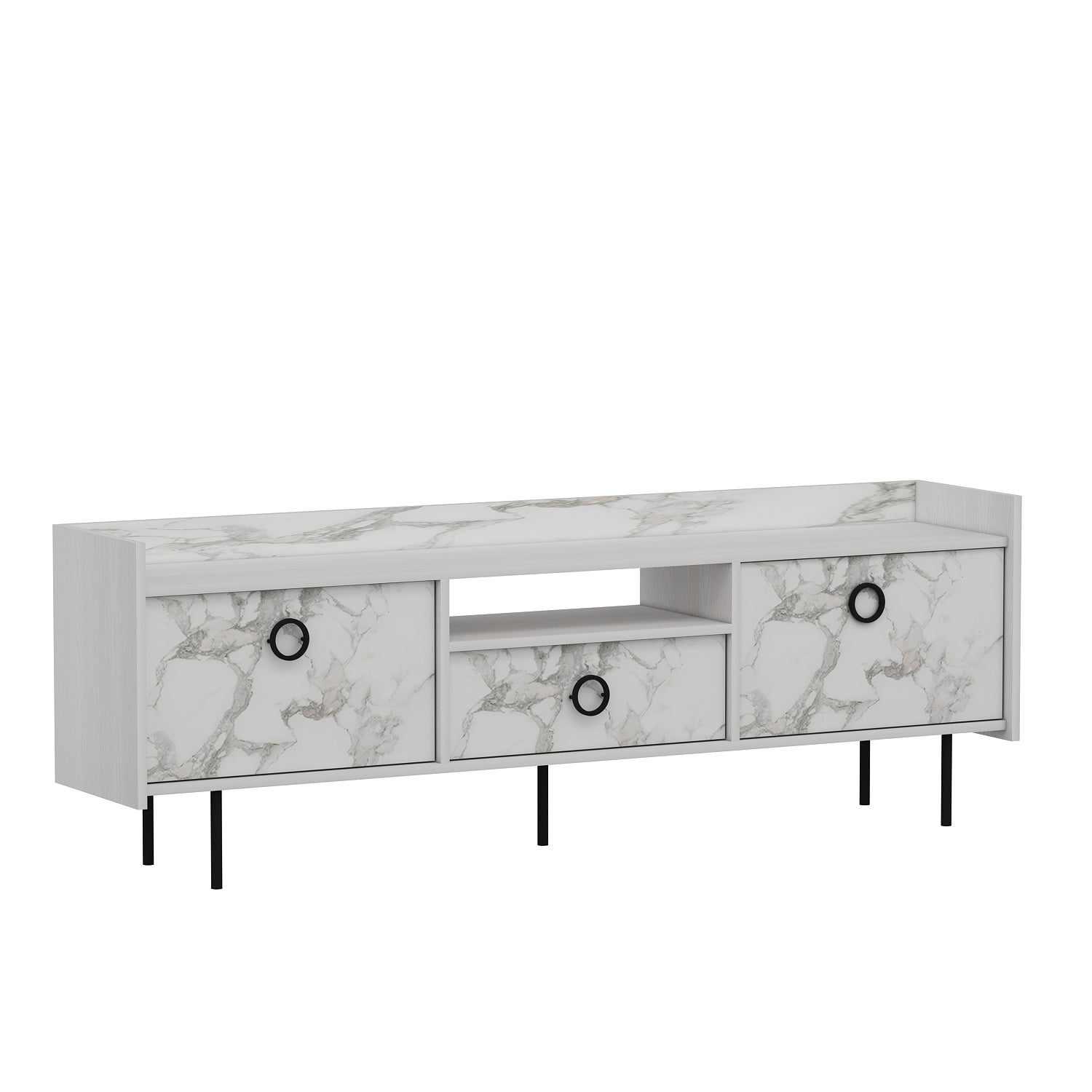 TV Lowboard Büsra Weiß Holz und Marmor Optik 3 türig 9208