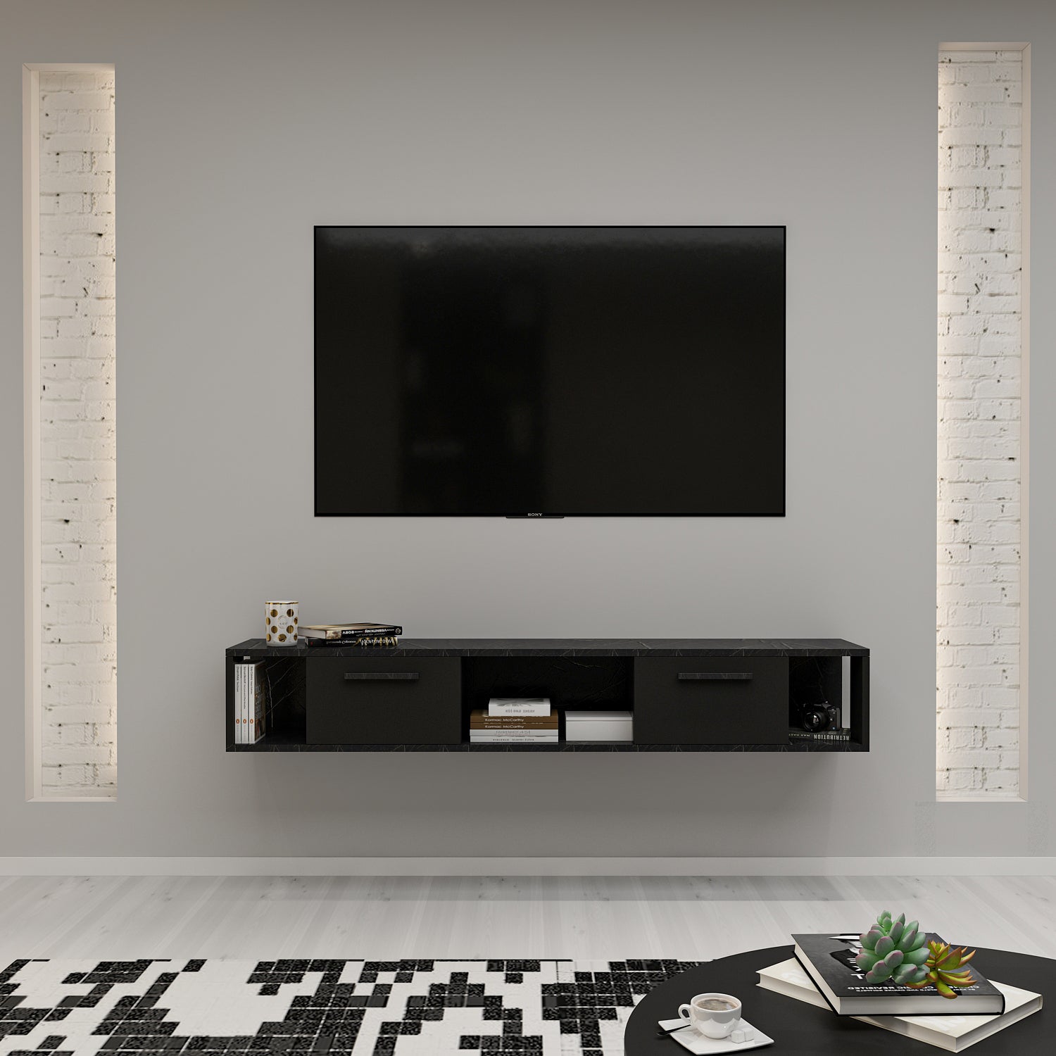 TV Lowboard Aldora Schwarz Marmor Optik 9598