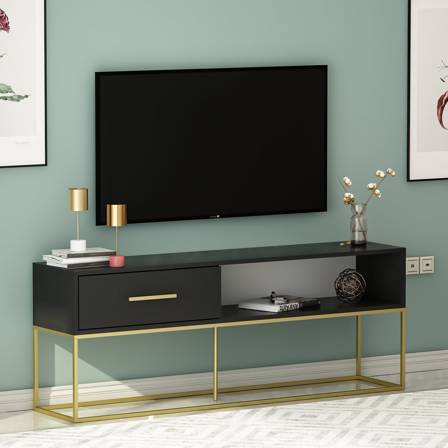 TV Lowboard Mira Schwarz Gold mit Metall Füße 9635