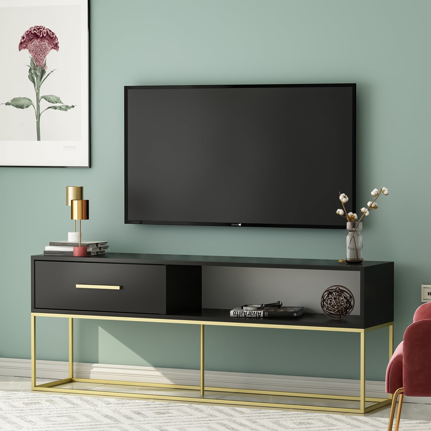 TV Lowboard Mira Schwarz Gold mit Metall Füße 9635