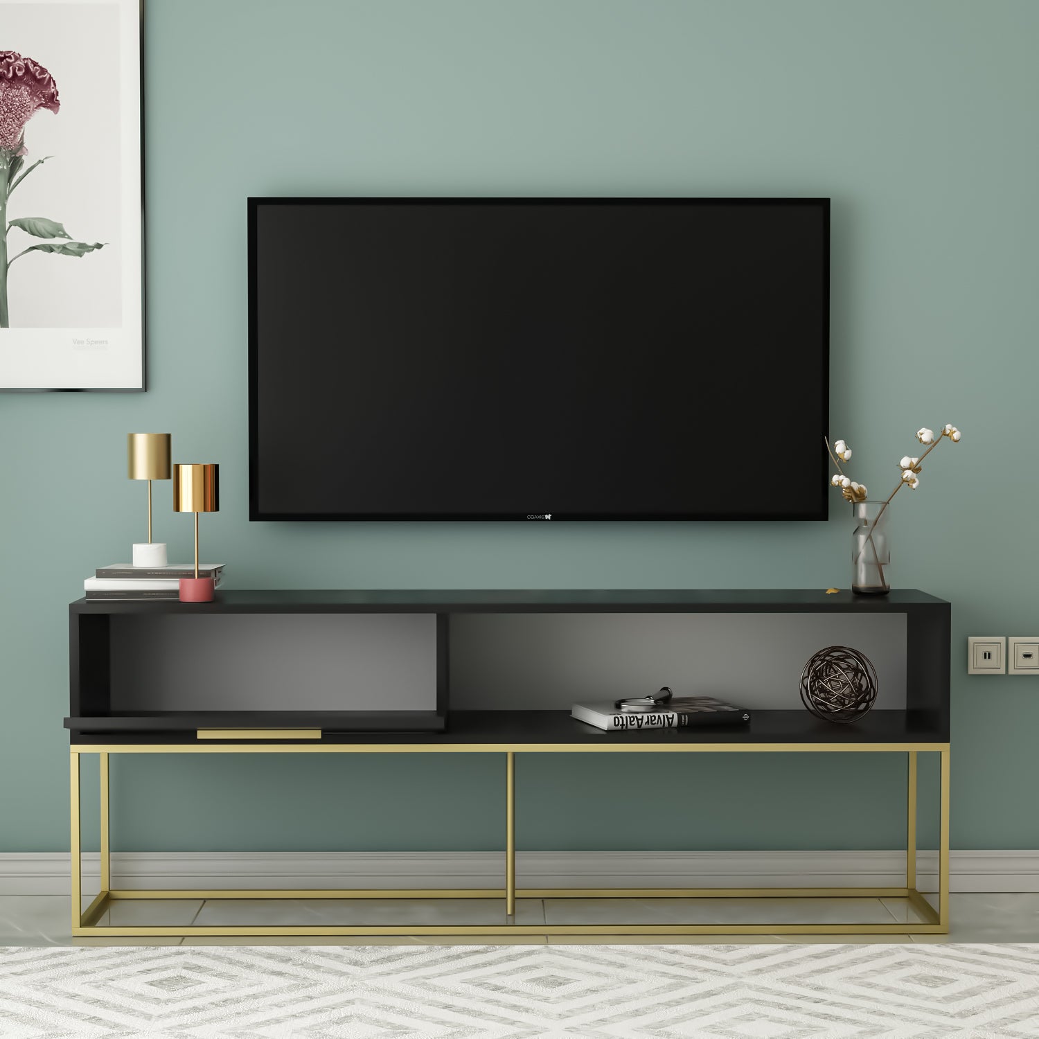 TV Lowboard Mira Schwarz Gold mit Metall Füße 9635