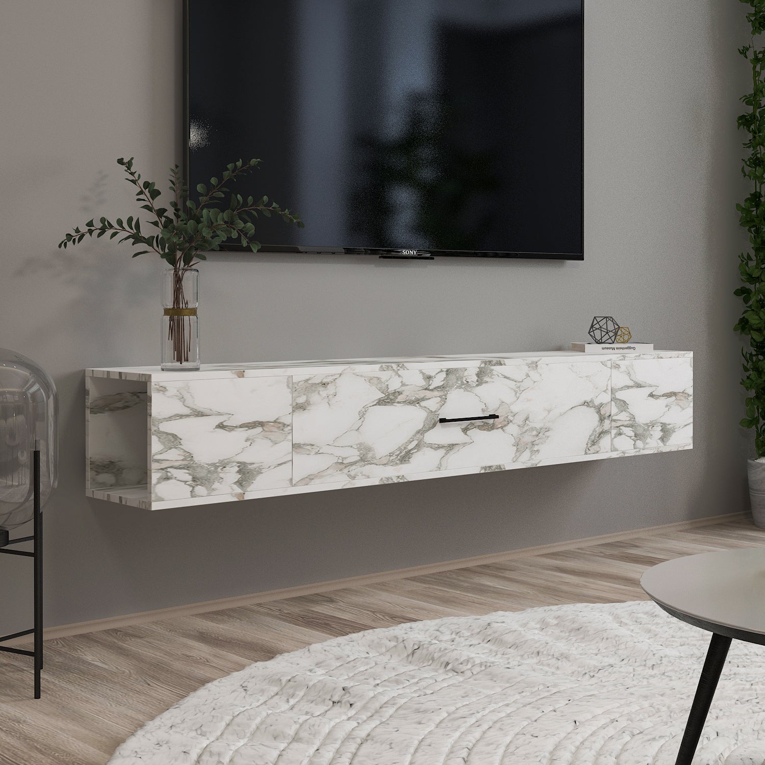 TV Lowboard Acworth Weiß Marmor Optik 9604