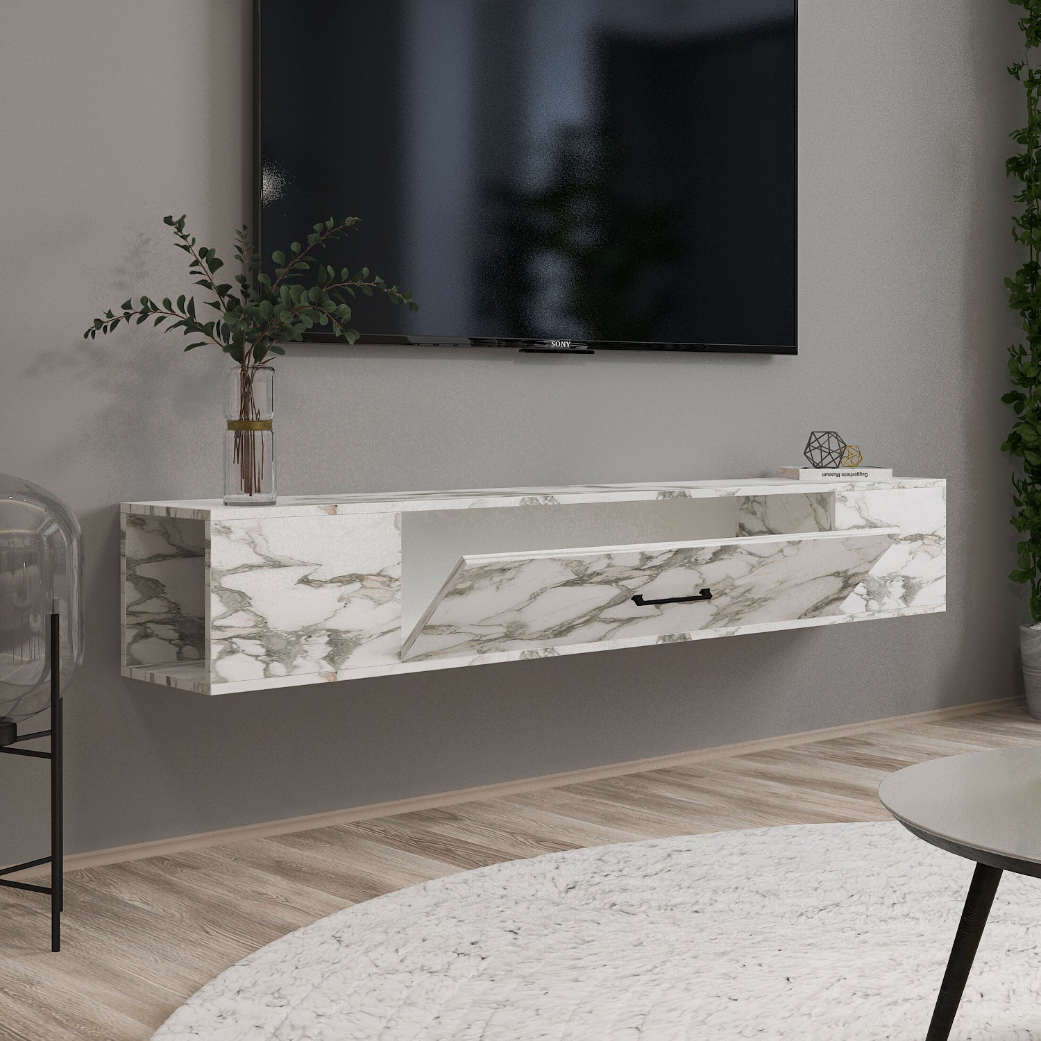 TV Lowboard Acworth Weiß Marmor Optik 9604