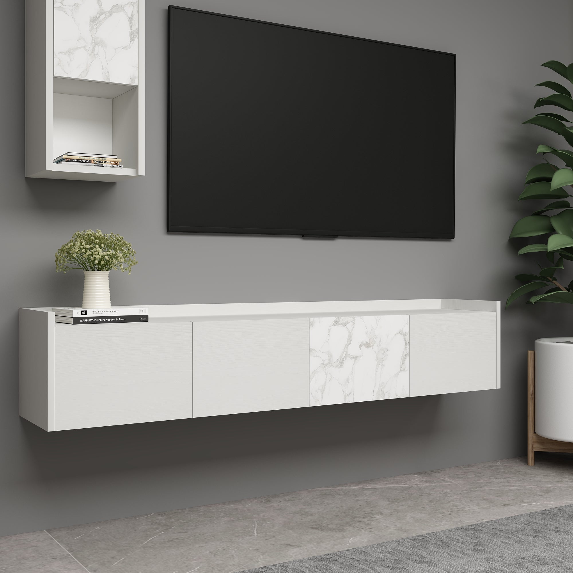 TV Lowboard Adrian Holz und Marmoroptik Weiß Hängend 9680