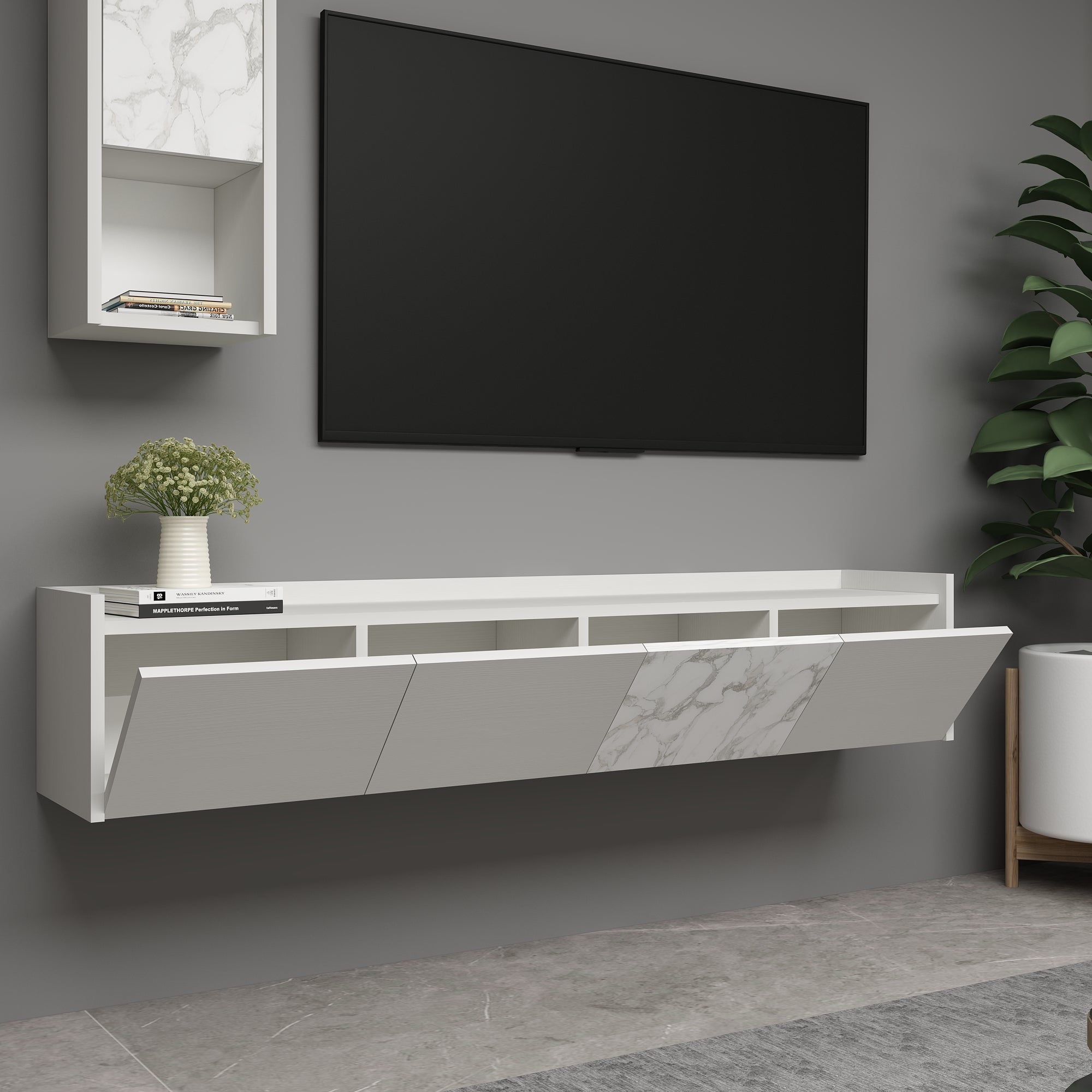 TV Lowboard Adrian Holz und Marmoroptik Weiß Hängend 9680