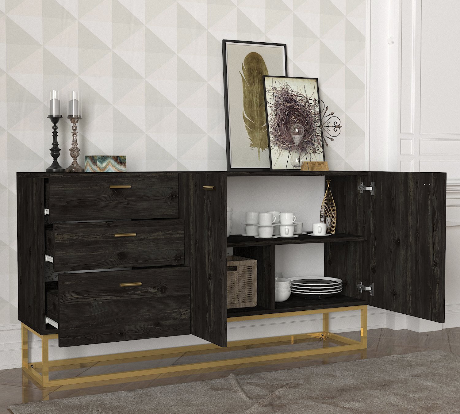 Sideboard Theodora Rebab 2 Türig 3 Schubladen Gold mit Metall Füße