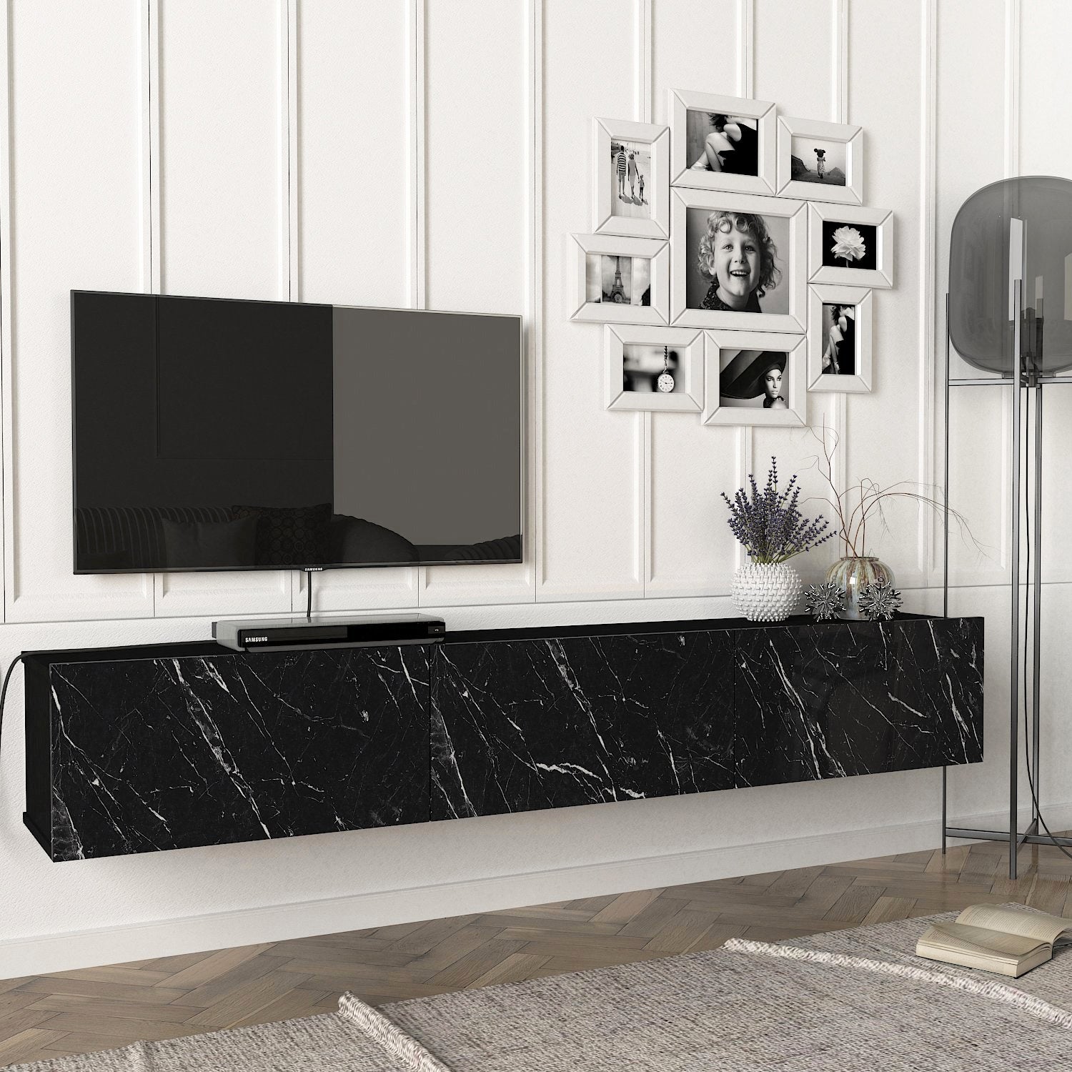TV Lowboard Hängend Damla Schwarz Marmoroptik 180 cm