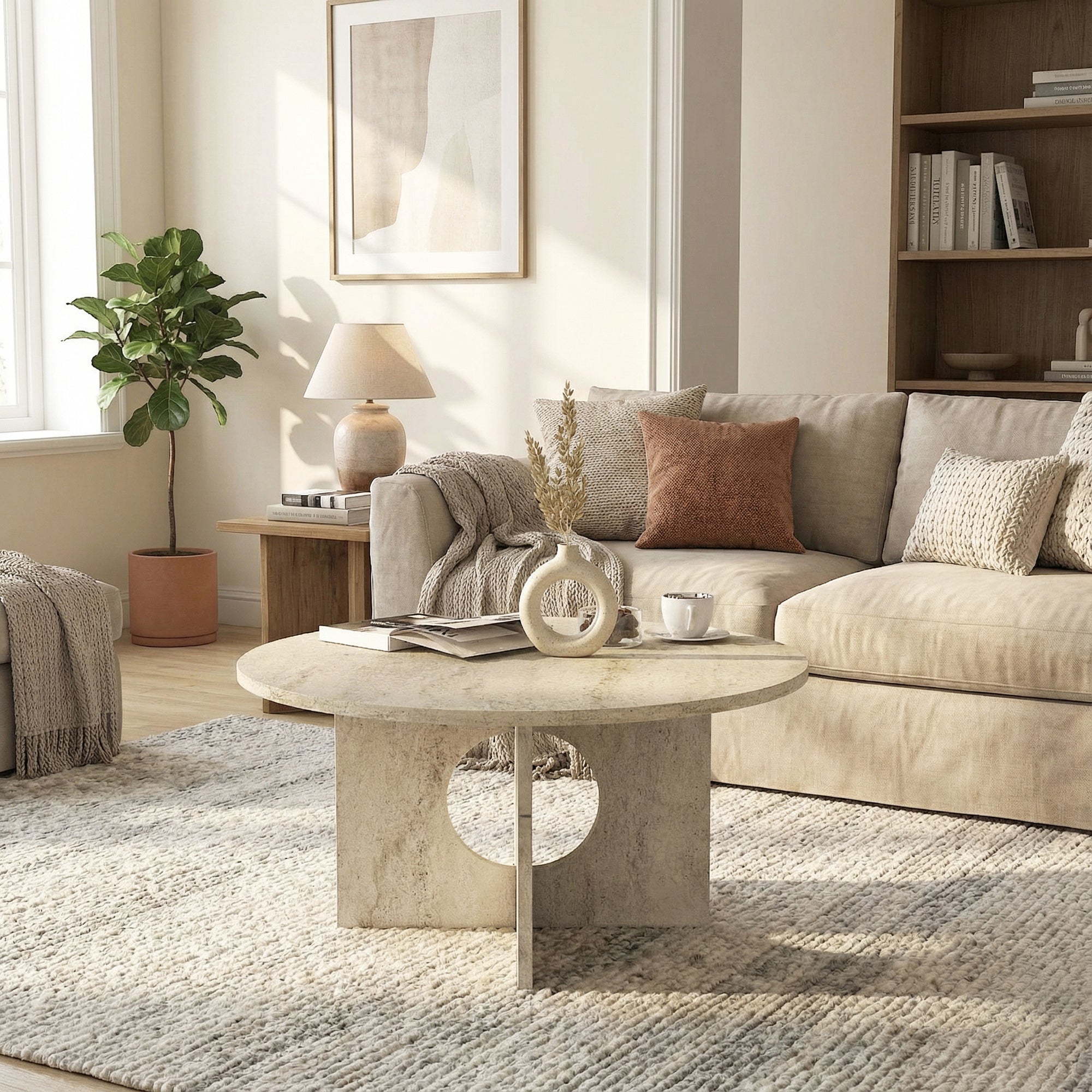 Couchtisch Enigma Beige Travertin Optik 75 cm Rund