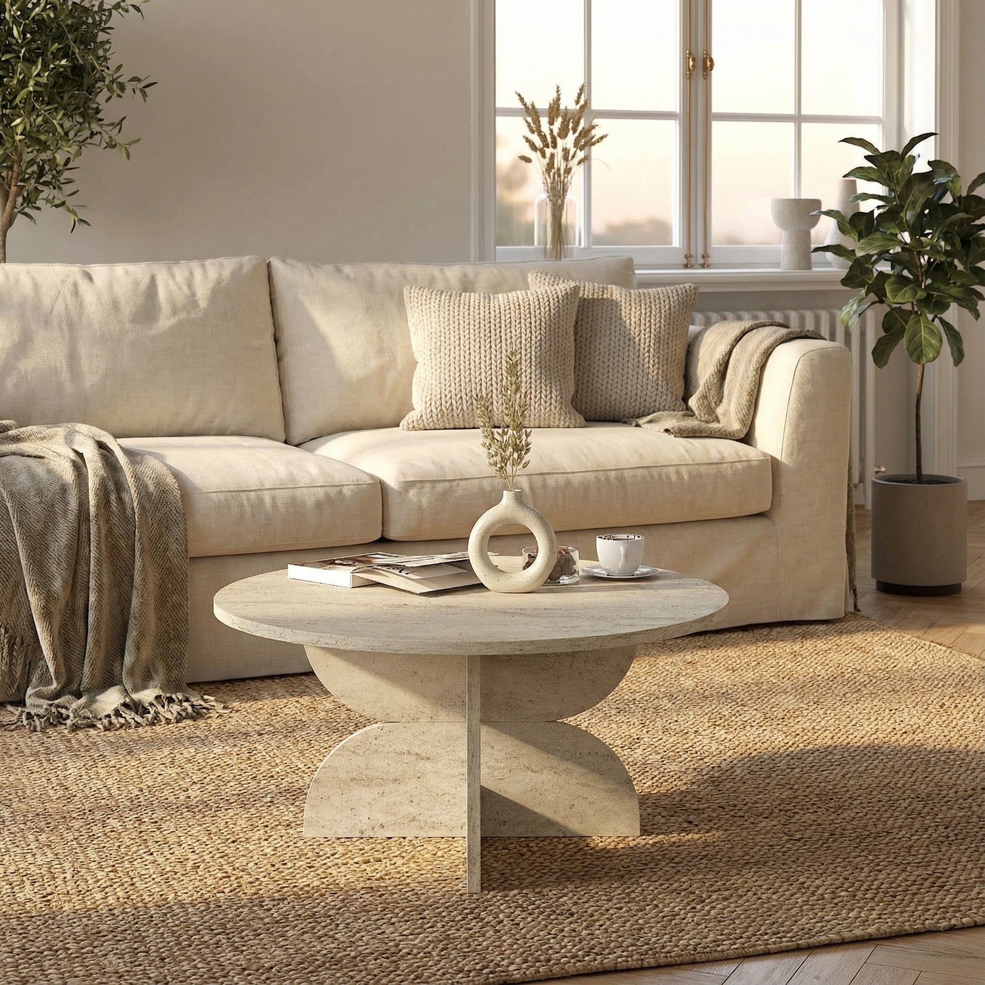 Couchtisch Enigma Beige Travertin Optik 75 cm Rund