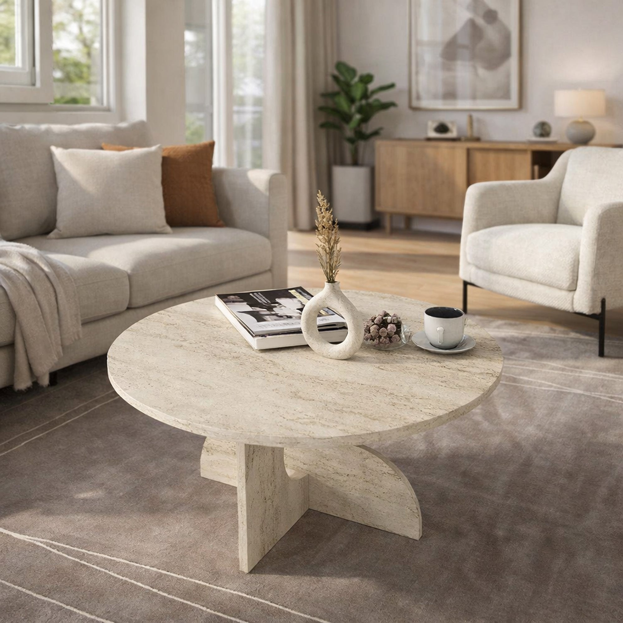 Couchtisch Enigma Beige Travertin Optik 75 cm Rund