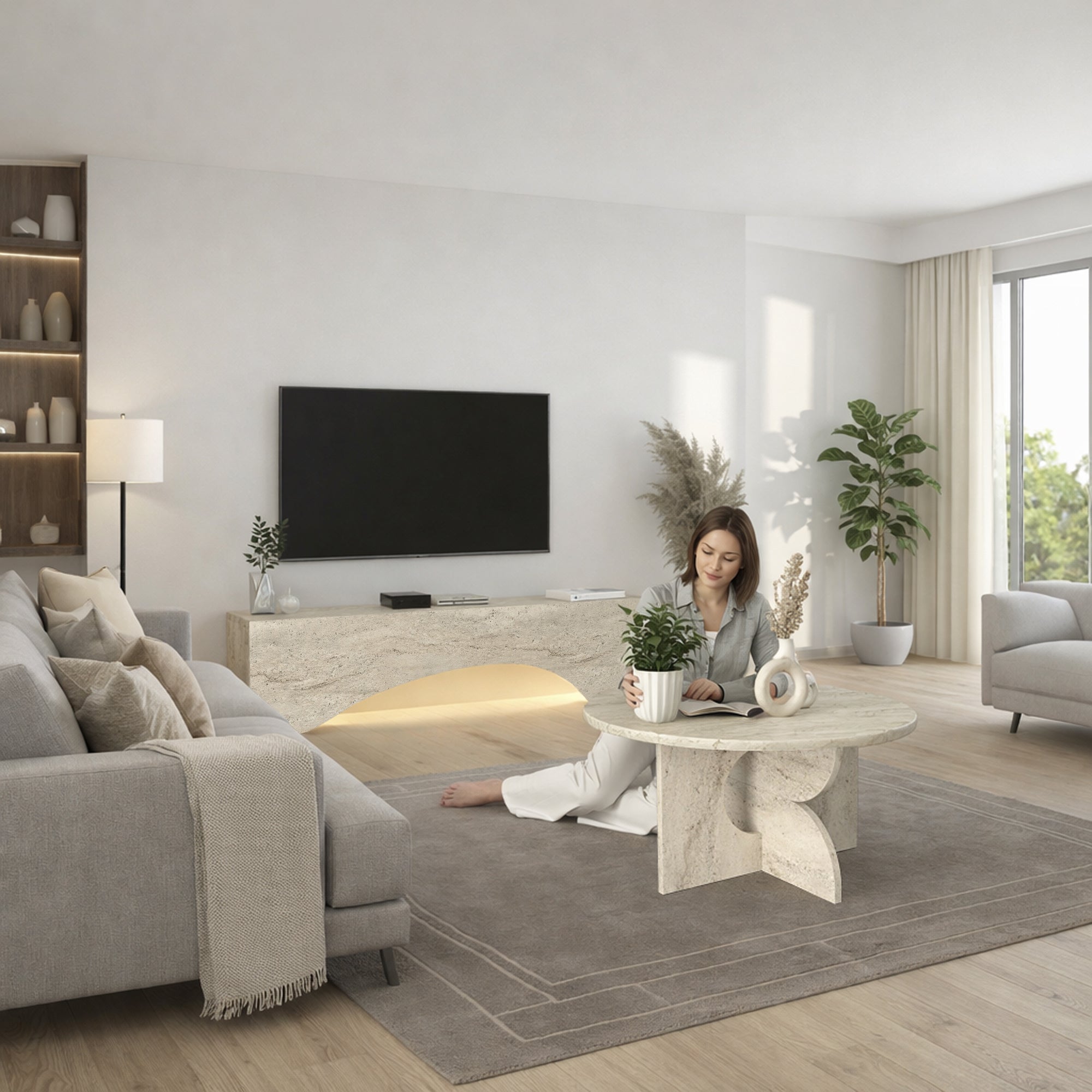 Couchtisch Enigma Beige Travertin Optik 75 cm Rund