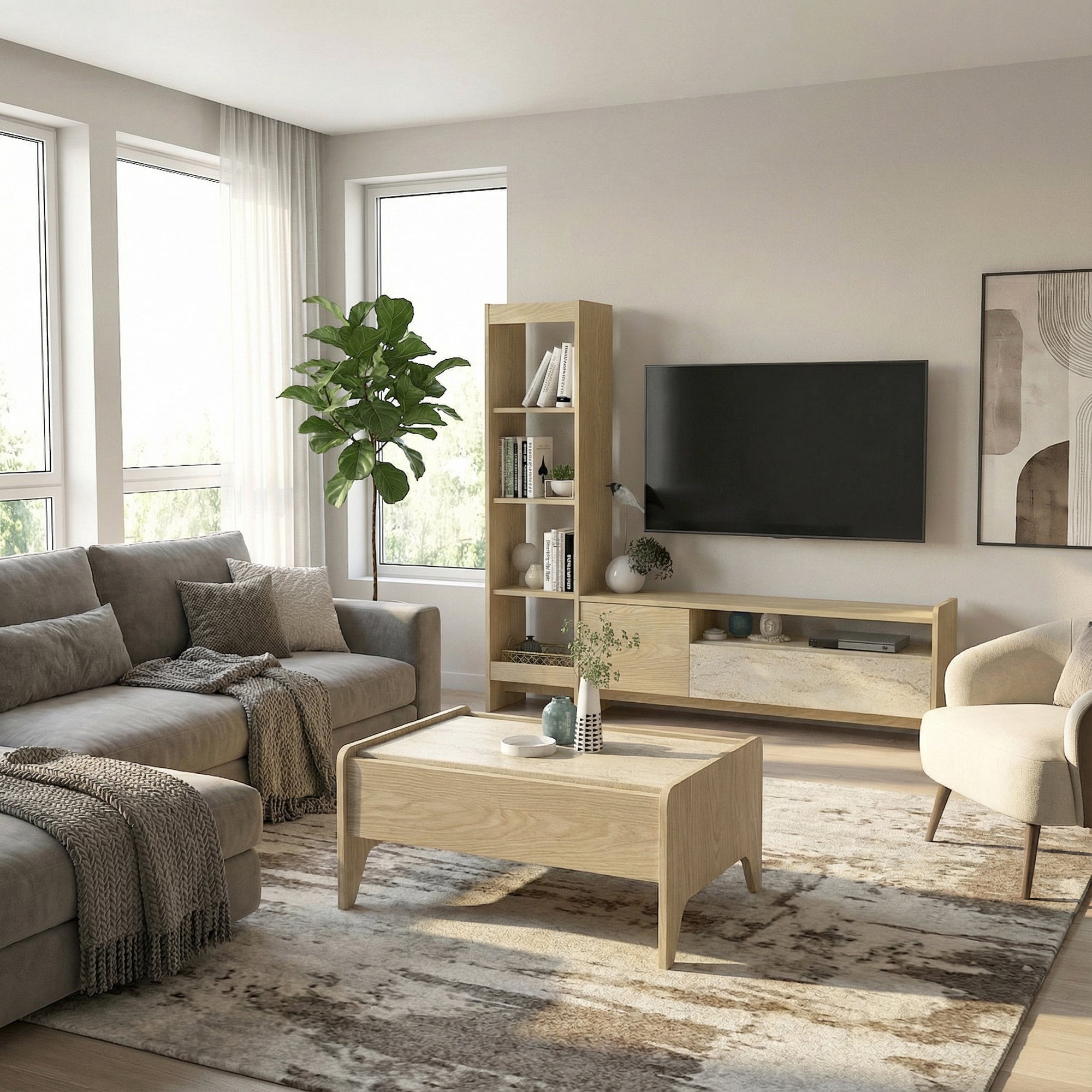 Couchtisch Jewel Eiche Natur Beige - Travertin