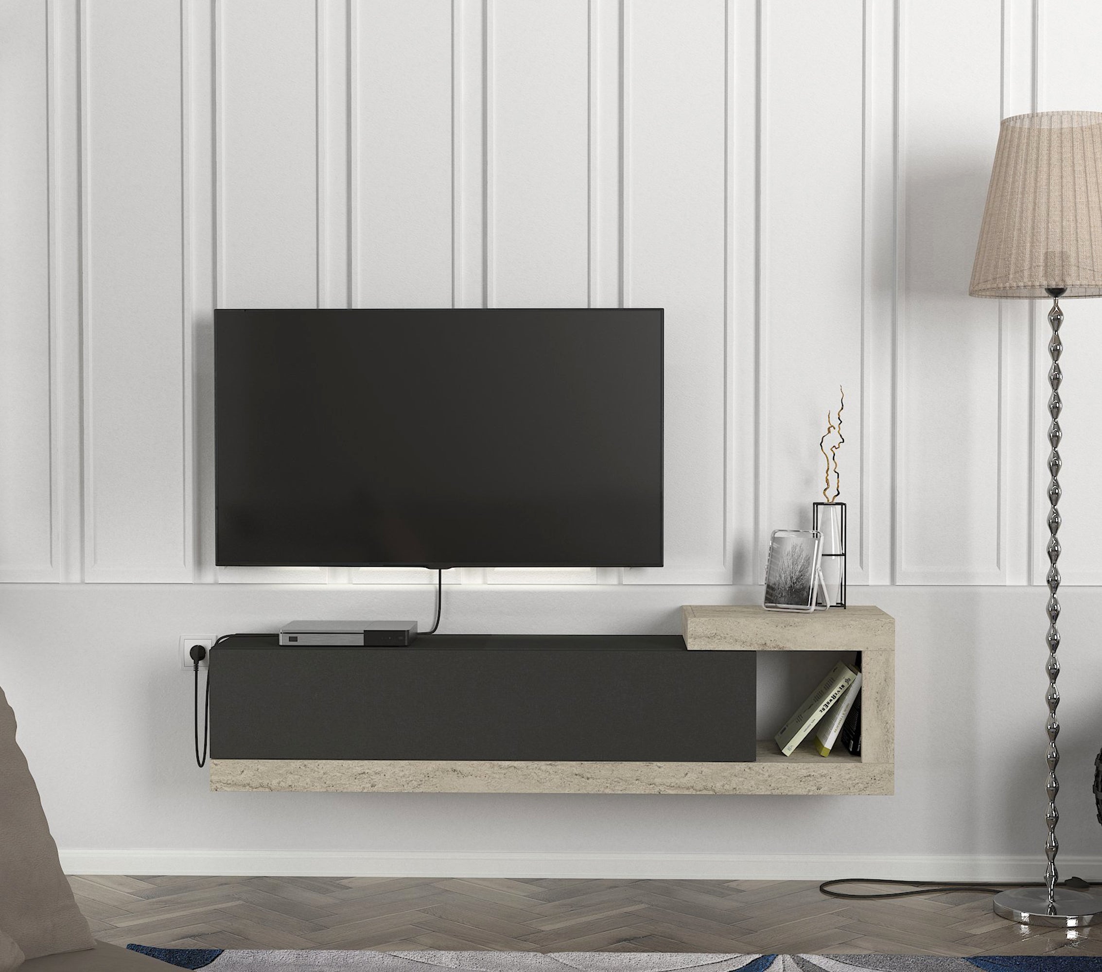 TV Lowboard Bliss Anthrazit-Beige Trawertin Optik