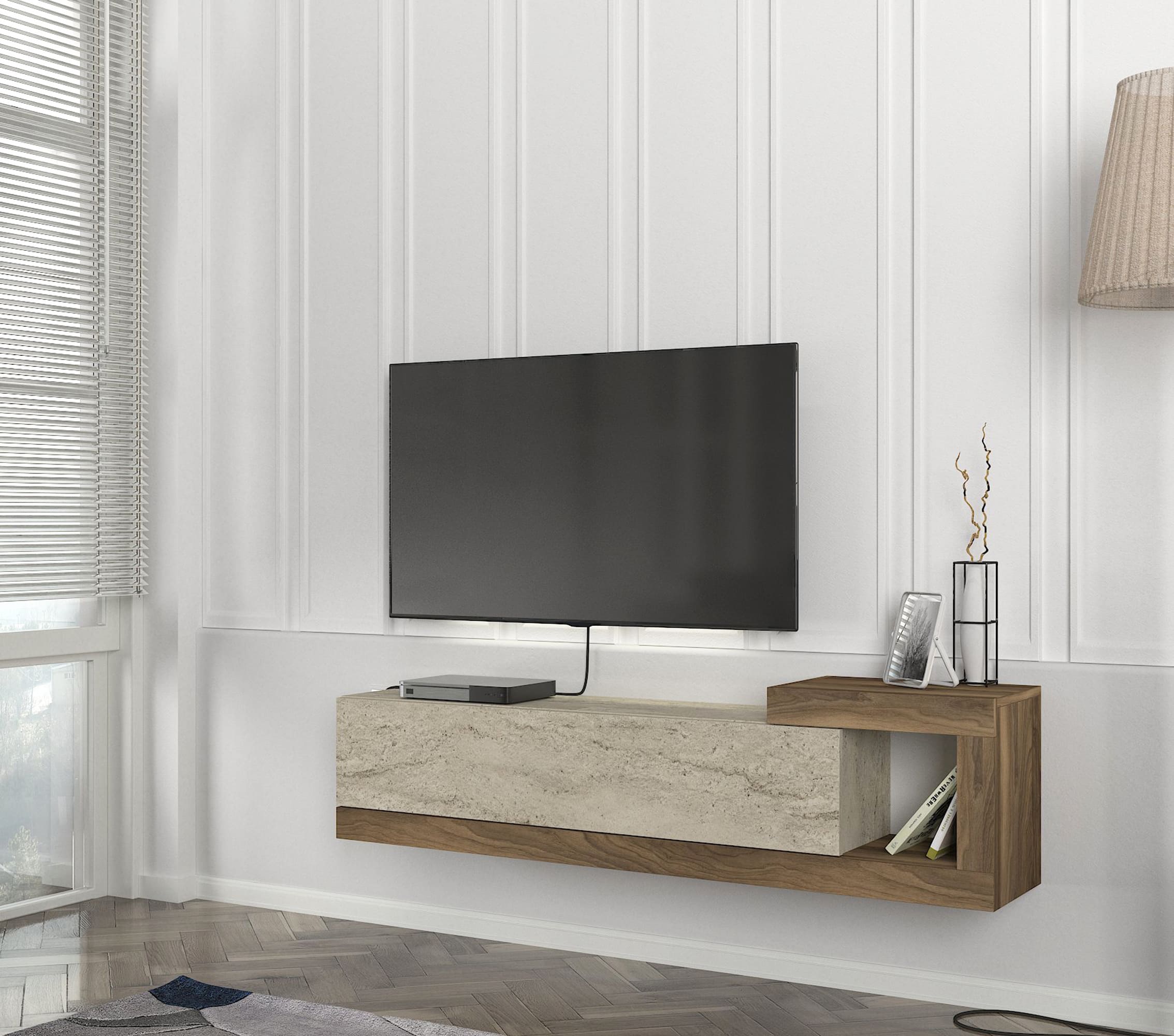 TV Lowboard Bliss Beige Trawertin Optik-Braun