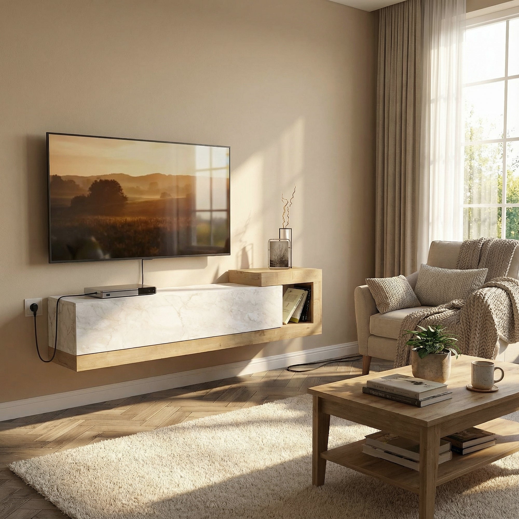 TV Lowboard Bliss Wieß Marmor Optik-Safir