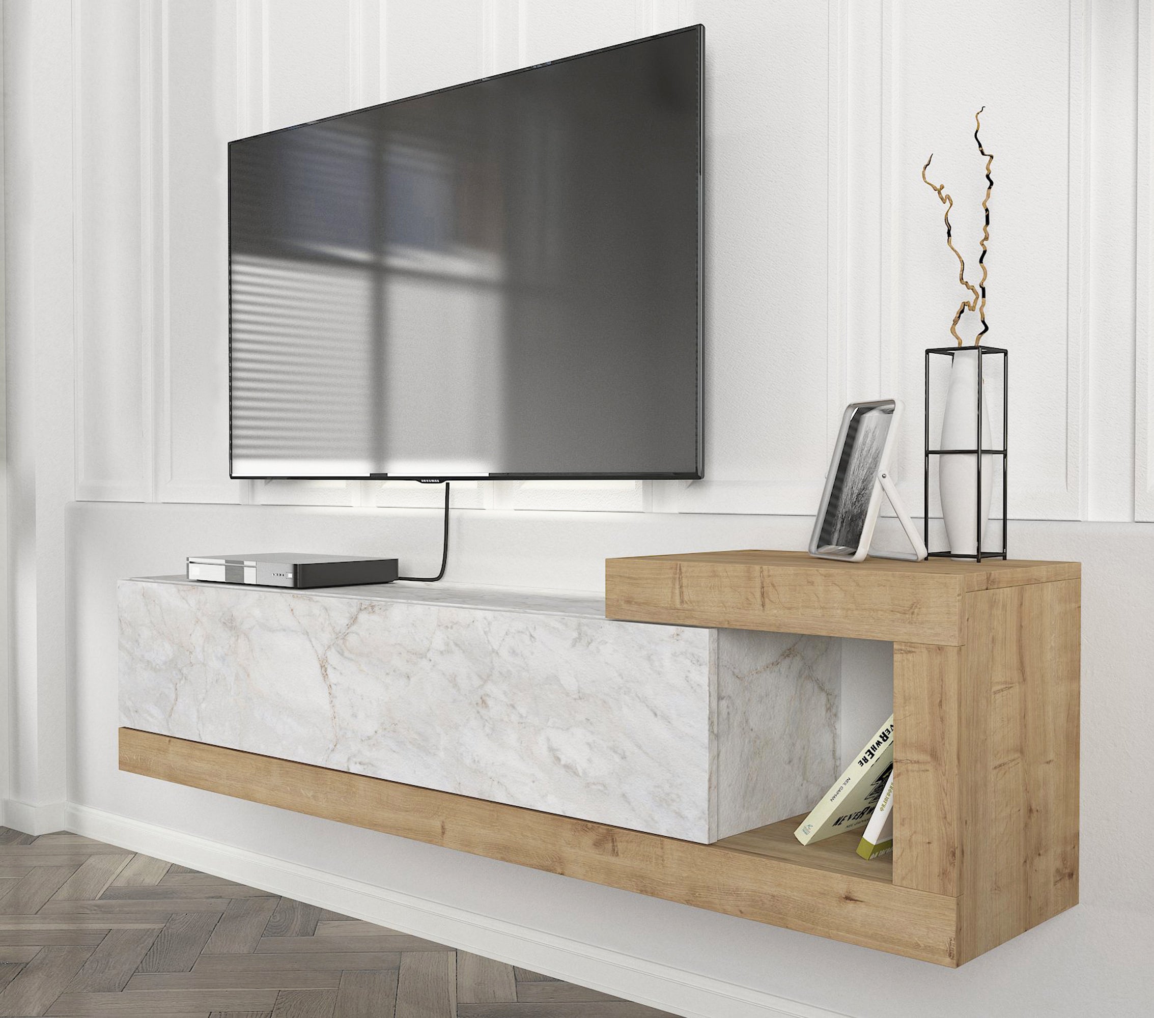 TV Lowboard Bliss Wieß Marmor Optik-Safir