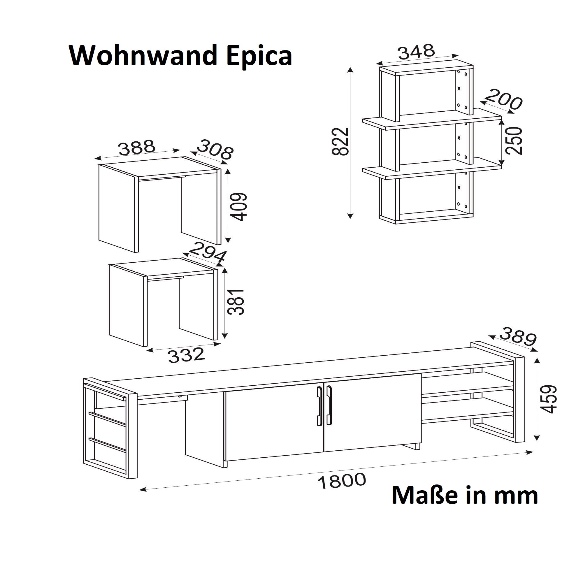 Wohnwand Epica Metallfüße Walnuss Schwarz mit 2 Integrierten Beistelltischen