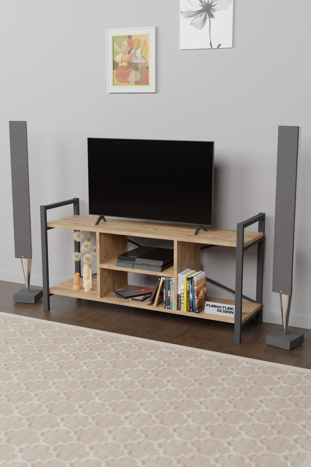 TV Lowboard mit Metallrahmen Walnuss