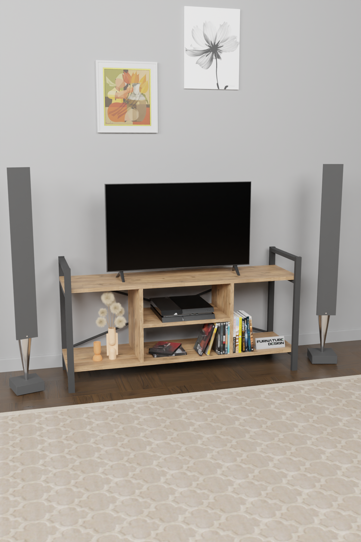 TV Lowboard mit Metallrahmen Walnuss