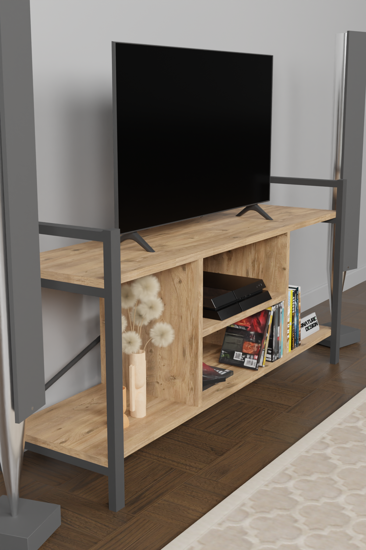TV Lowboard mit Metallrahmen Walnuss