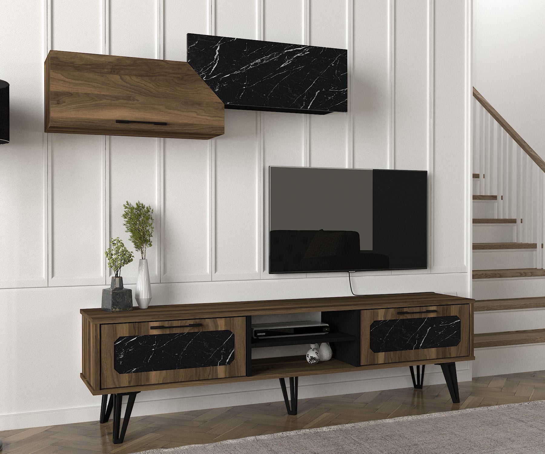 Wohnwand Lampert Walnuss Marmor Optik