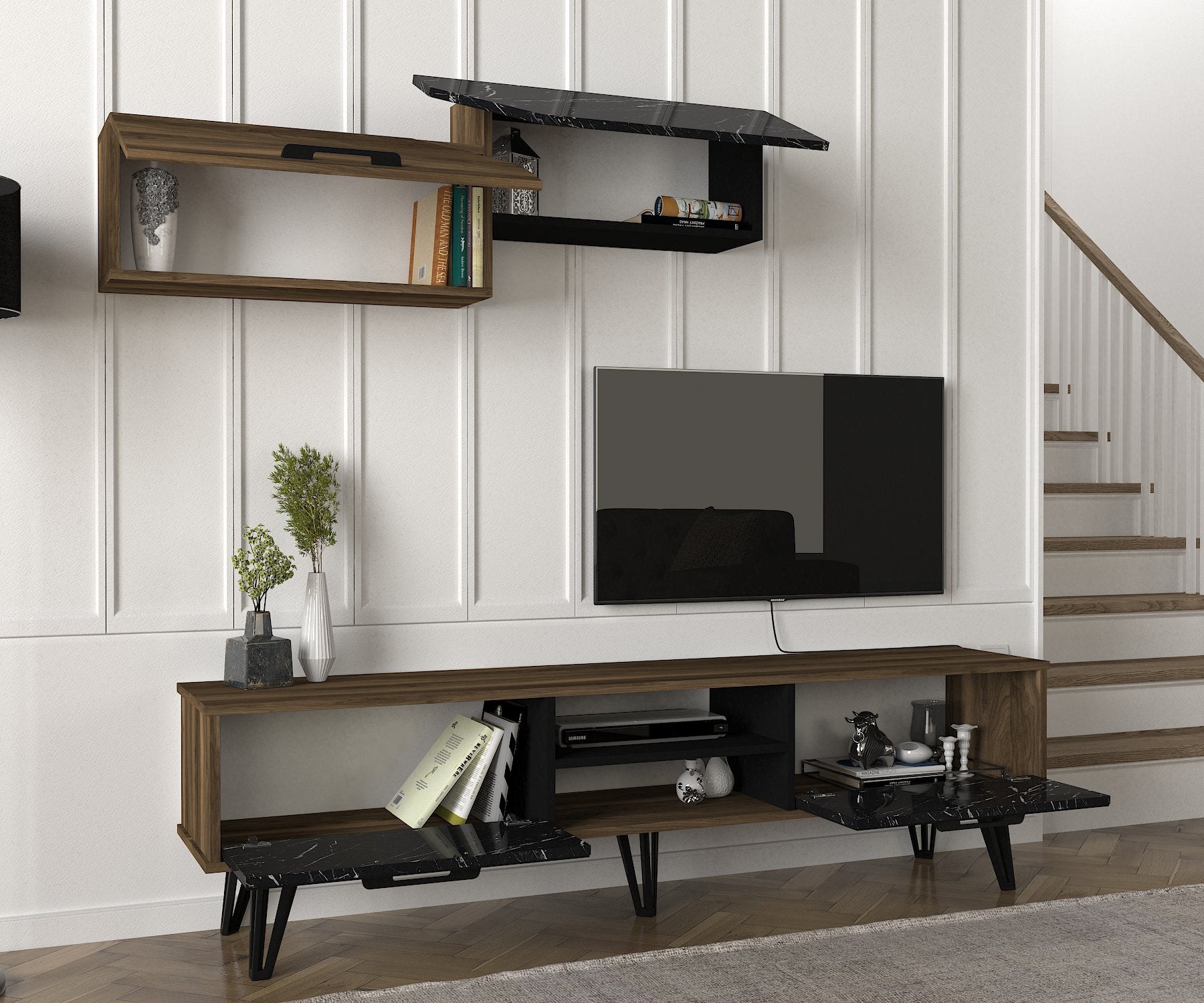 Wohnwand Lampert Walnuss Marmor Optik