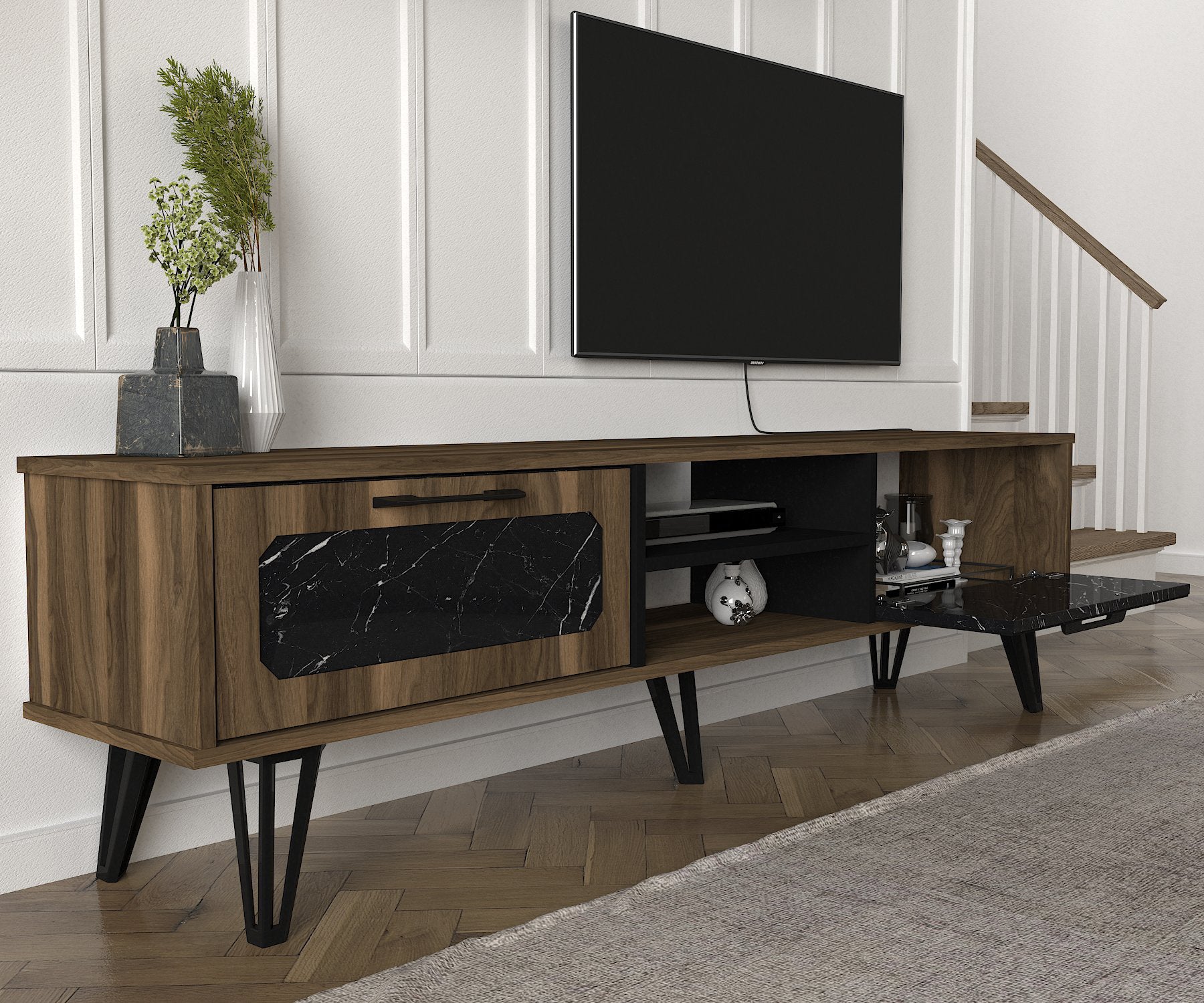 Wohnwand Lampert Walnuss Marmor Optik