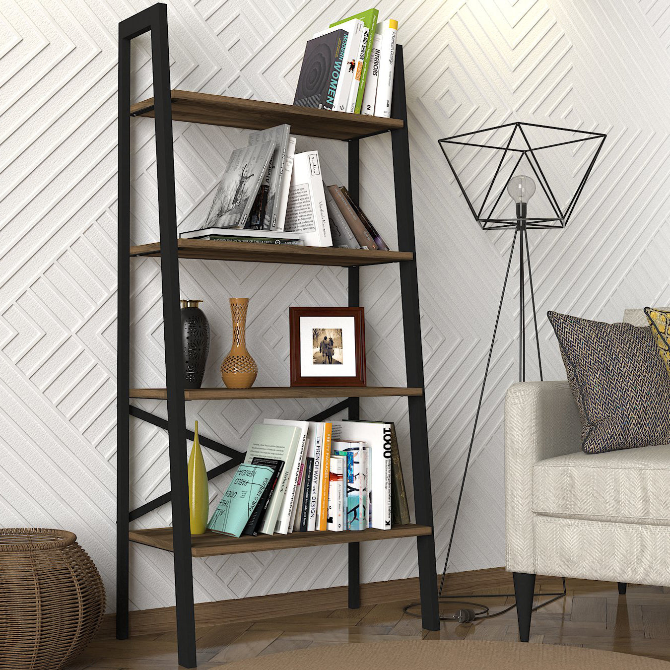 Bücherregal Mistral mit Metallrahmen Walnuss